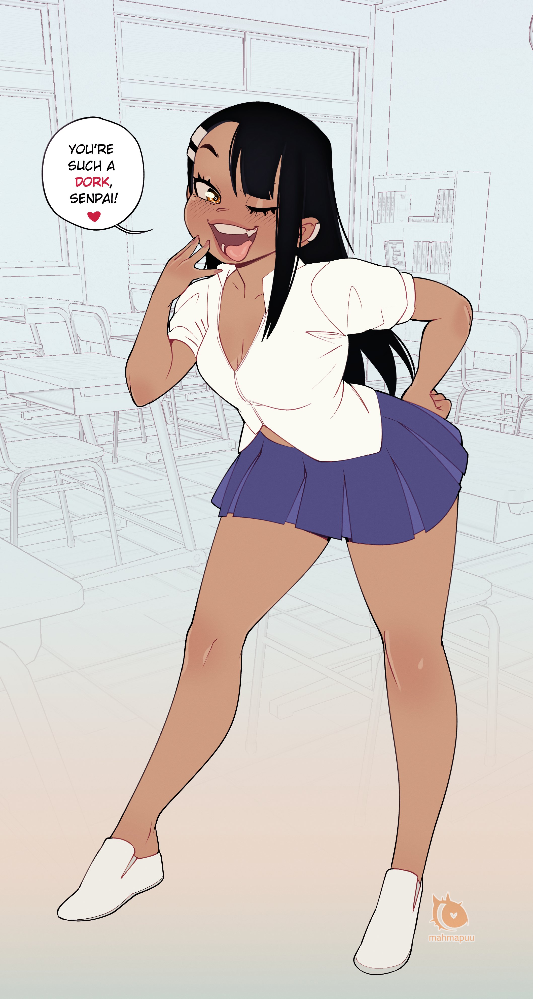 1girls, black hair, blush, breasts, brown eyes, cleavage, clothed, clothing, earrings, english text, female, female focus, female only, hayase nagatoro, hi res, long hair, looking at viewer, mahmapuu, open mouth, please don't bully me, nagatoro, pose, revealing clothes, simple background, small breasts, smile, solo, tan, tanned, text, tongue, tongue out, watermark, wink