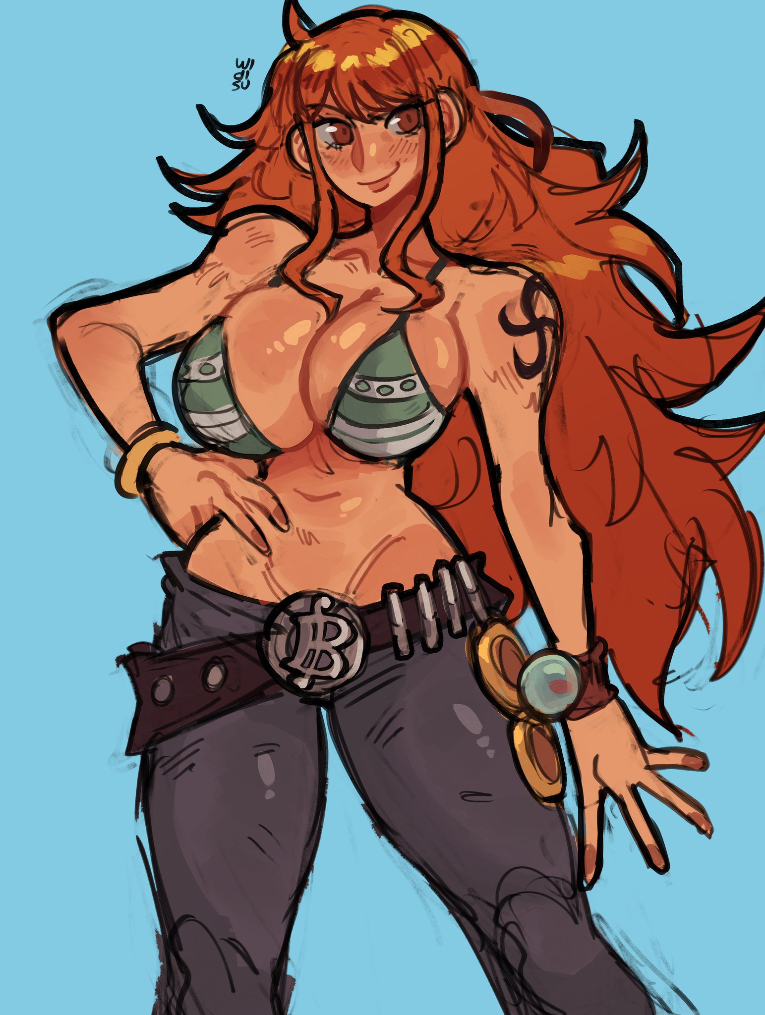 1girls, arm tattoo, bare shoulders, belt, big breasts, bikini, blue tattoo, bra, breasts, clothed, clothing, color, female, female focus, female only, hi res, jeans, large breasts, light skin, light-skinned female, long hair, looking at viewer, nami (one piece), one piece, orange eyes, orange hair, orange-haired female, pants, post-timeskip, shounen jump, solo, solo female, striped bikini, tagme, tattoo, thick thighs, widisu