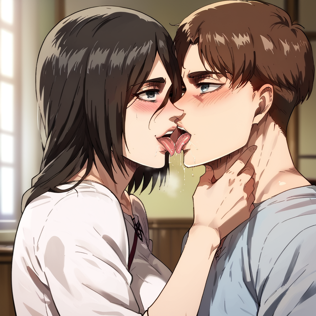 1boy 1girls ai_generated attack_on_titan black_hair blue_eyes blush brown_hair couple couple_(romantic) eren_jaeger female french_kiss french_kissing grey_eyes hi_res kiraaiart kissing love male mikasa_ackerman tongue tongue_out