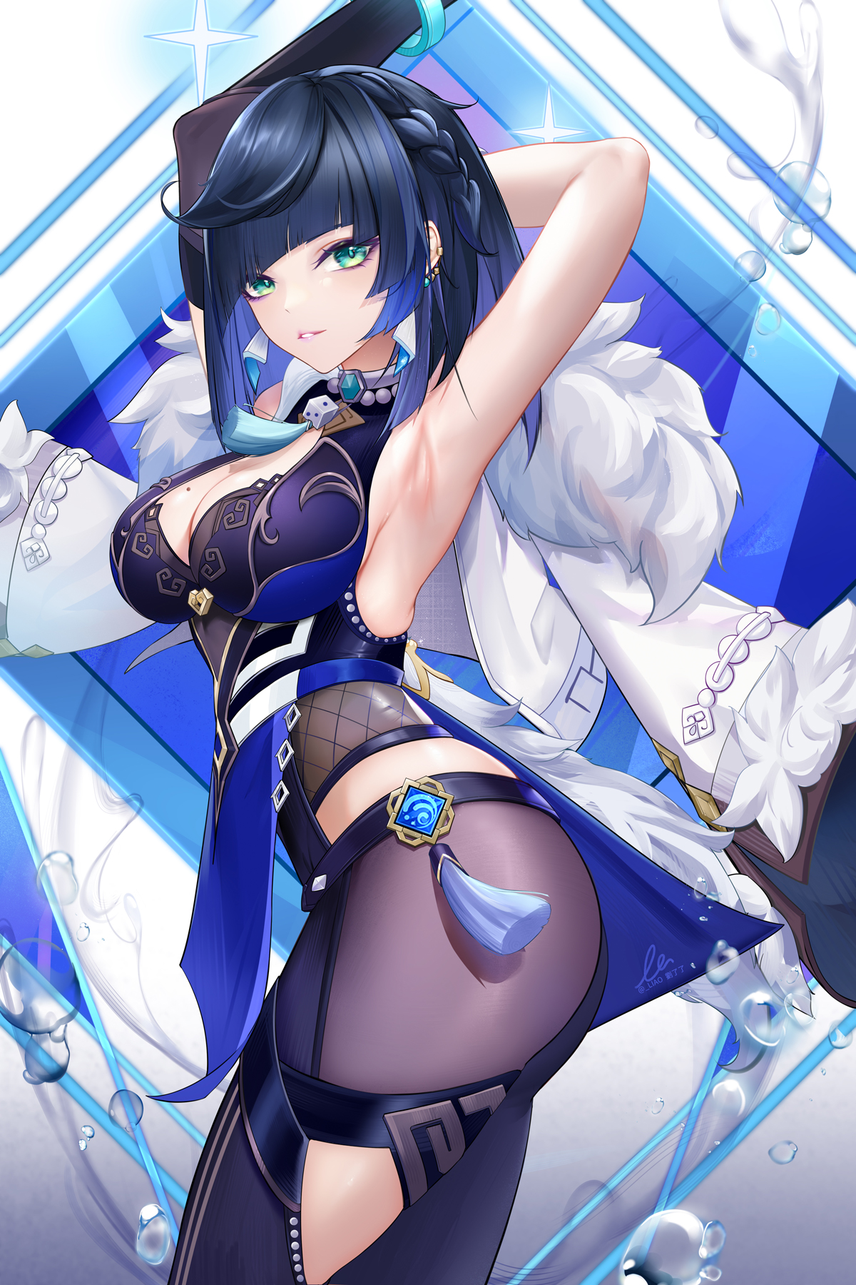 1girls, arched back, armpits, arms up, ass, bangs, big breasts, blue hair, blush, bodysuit, boob window, braid, braided hair, breasts, cleavage, detailed background, dice, earrings, female, fur, genshin impact, green eyes, huge breasts, large breasts, liu liaoliao, looking at viewer, mole, mole on breast, see-through, short hair, smile, solo, tassel, thick, thick ass, thick thighs, thighs, tight clothing, vision (genshin impact), yelan (genshin impact)