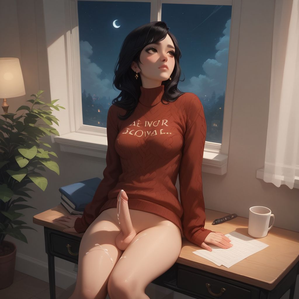 1futa, ai generated, book, bottomless, bottomless futa, cum, cum dripping from penis, cum on thighs, cup, dark cultist, desk, dickgirl, erect penis, erection, futa only, futa sans pussy, futanari, indoors, intersex, legs together, long sleeves, looking away, medium hair, moon, no panties, penis, plant, self upload, sitting, sitting on desk, solo, solo futa, sweater, thighs, thighs together, window