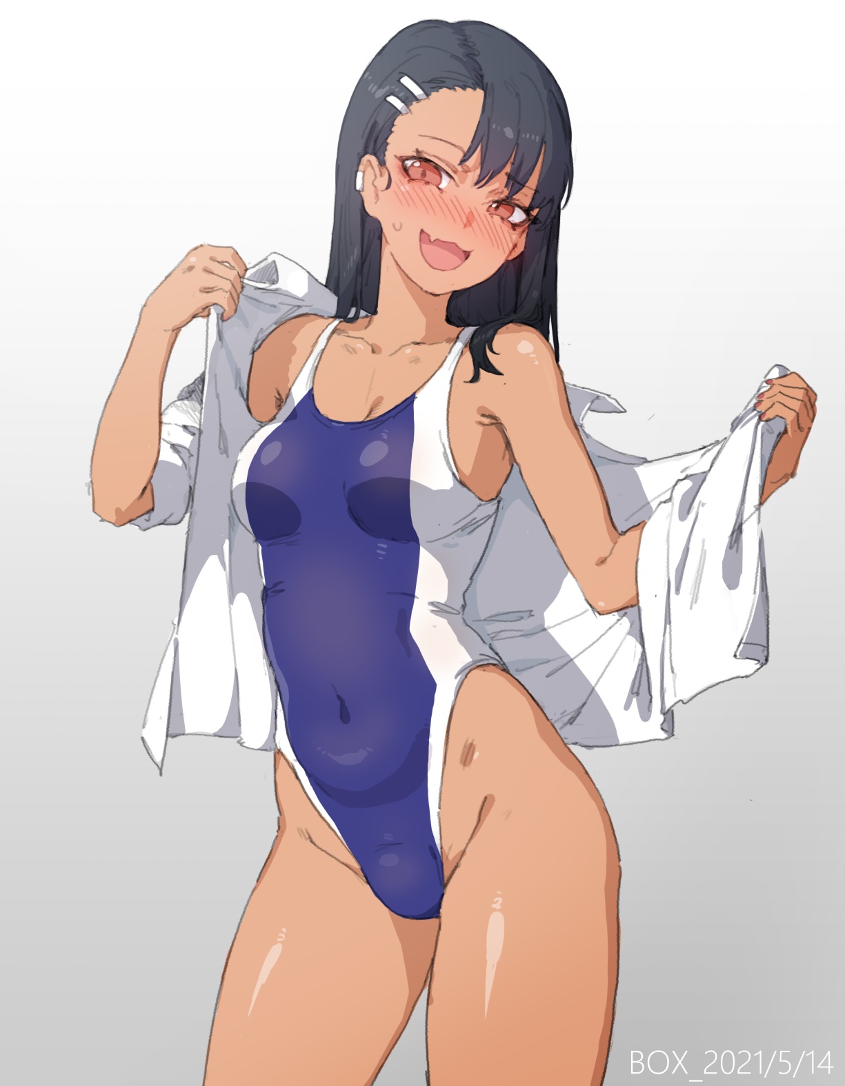 1girls, black hair, blush, box20502017, breasts, brown eyes, cleavage, clothed, clothing, earrings, female, female focus, female only, hayase nagatoro, hi res, long hair, looking at viewer, navel, open mouth, please don't bully me, nagatoro, pose, revealing clothes, simple background, small breasts, smile, solo, sweat, swimsuit, tan, tanned, watermark, white background