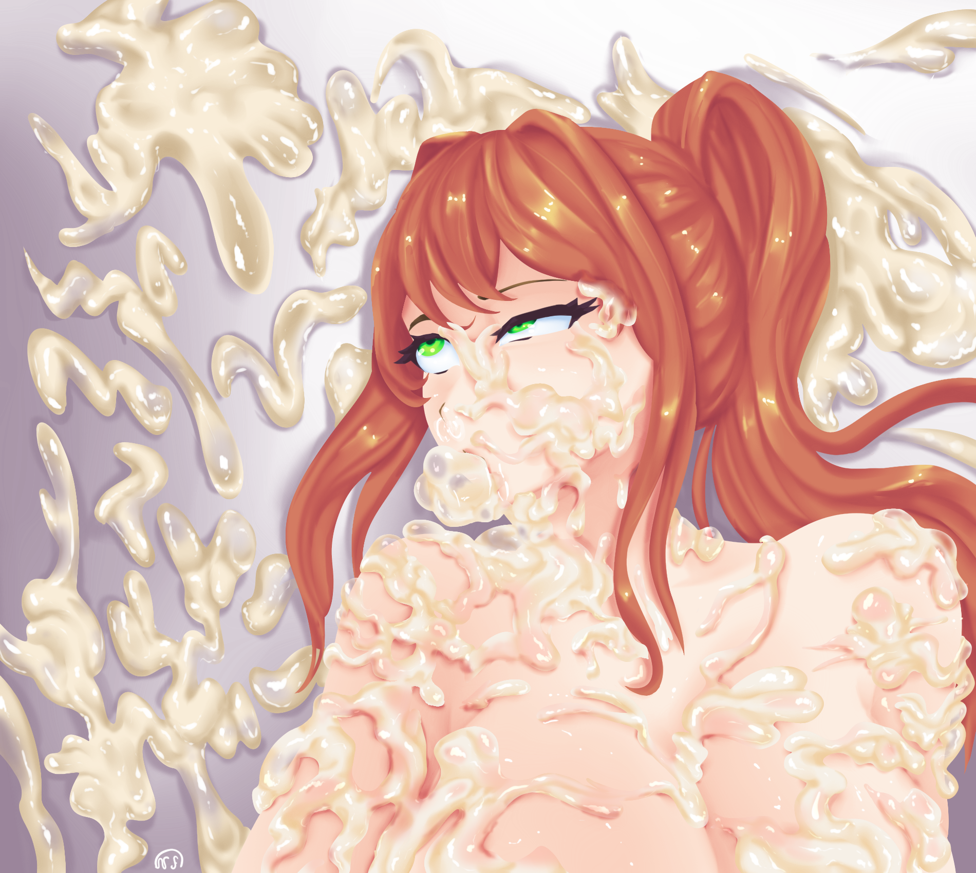 big breasts, breasts, brown hair, covered in cum, cum, cum bath, cum in body, cum in face, cum in hair, cum in mouth, cum in throat, cum on floor, cum out mouth, cum out nose, cum out throat, doki doki literature club, drowning in cum, excessive cum, eyes rolling back, female, fucked senseless, green eyes, monika (doki doki literature club), nofapplease