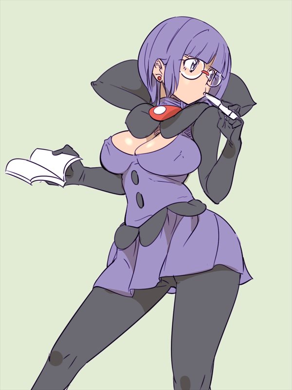 1girls 2016 3:4 black_gloves bob_cut book breasts cleavage clothed clothing earrings elbow_gloves erect_nipples erect_nipples_under_clothes female female_only glasses gloves grey_background holding_book holding_pen jewelry large_breasts looking_to_the_side matching_hair/eyes nintendo nipple_bulge pantyhose pen pleated_skirt pokemon pokemon_bw purple_clothing purple_eyes purple_hair shauntal_(pokemon) shirt simple_background skirt solo standing thighs zaitsu