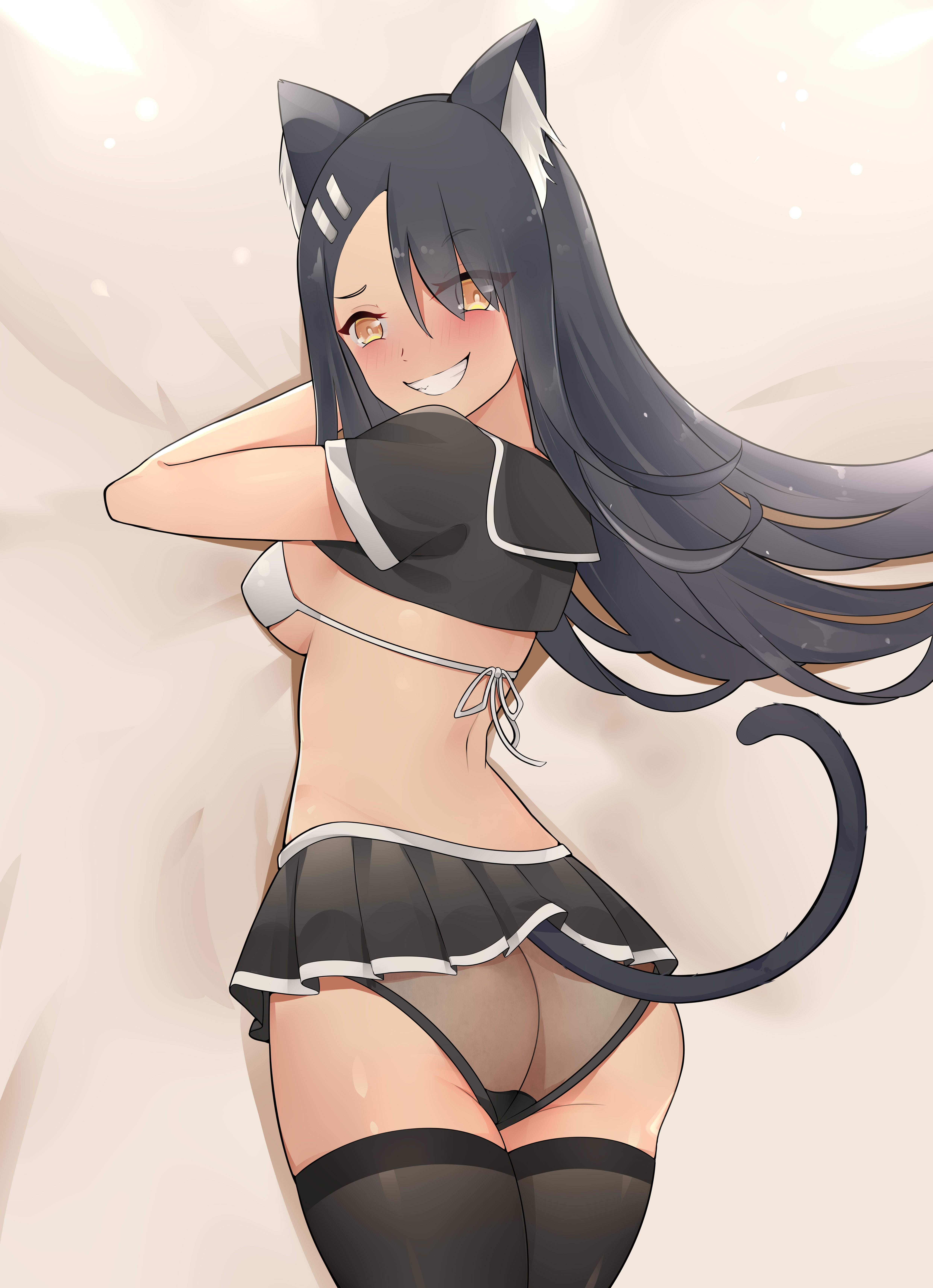 1girls, ass, bikini, black hair, blush, breasts, brown eyes, cat ears, cat girl, cat tail, catgirl, clothed, clothing, earrings, female, female focus, female only, hayase nagatoro, hi res, long hair, looking at viewer, n-boy, nekomimi, please don't bully me, nagatoro, pose, revealing clothes, sideboob, simple background, small breasts, smile, solo, tan, tanned