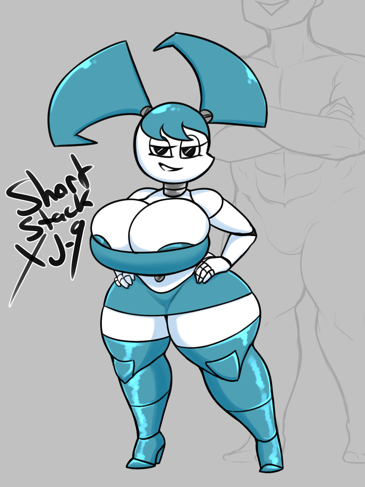 big breasts, bottomwear, breasts, cleavage, clothed, clothing, female, hand on hip, hi res, jenny wakeman, jyto, machine, miniskirt, my life as a teenage robot, nickelodeon, robot, skirt, smooth skin, solo, technophilia, thick thighs, xj-9