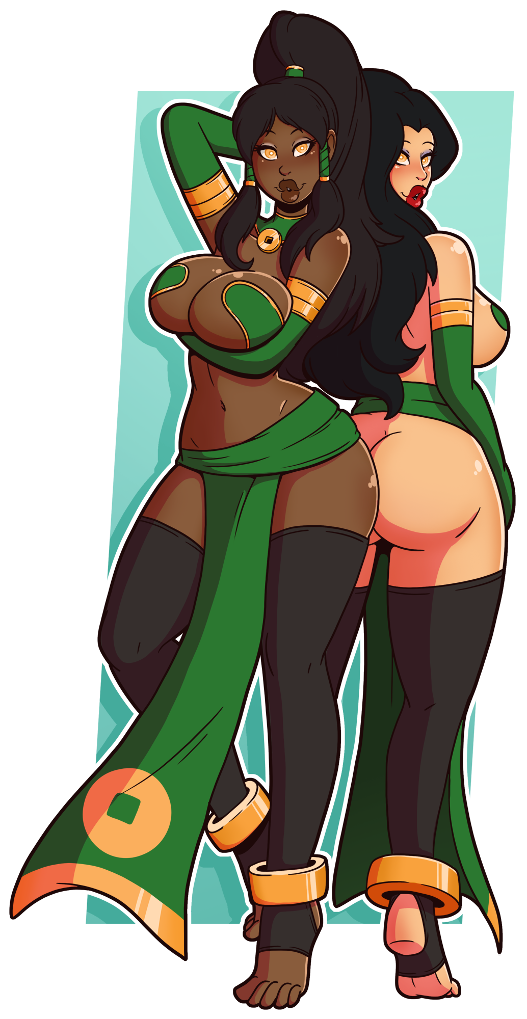 2girls, amber eyes, asami sato, ass, avatar legends, barefoot, belly dancer, belly dancer outfit, bimbo, bimbo body, bimbo lips, breasts, bubble ass, bubble butt, canon couple, chocolate and vanilla, clothing, dark skin, dark-skinned female, female, harem girl, harem outfit, korra, large ass, large breasts, light skin, light-skinned female, loincloth, mind control, navel, stockings, the avatar, the legend of korra, thick lips, thick thighs, voluptuous, water tribe, wide hips, wrenzephyr2