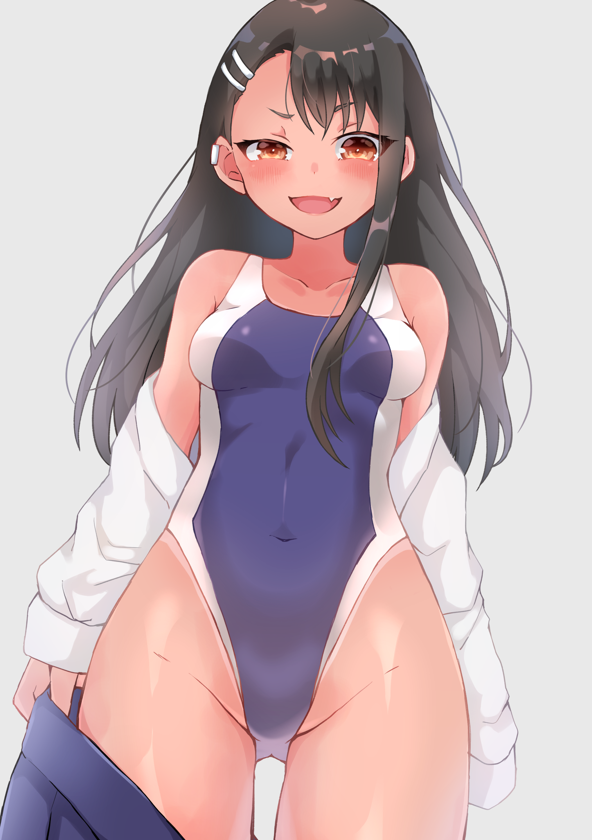 1girls, black hair, blush, breasts, brown eyes, clothed, clothing, earrings, female, female focus, female only, hayase nagatoro, hi res, long hair, looking at viewer, navel, open mouth, please don't bully me, nagatoro, pose, revealing clothes, simple background, small breasts, smile, solo, tan, tanline, tanned, undressing, utaso (satsuo), white background, wide hips