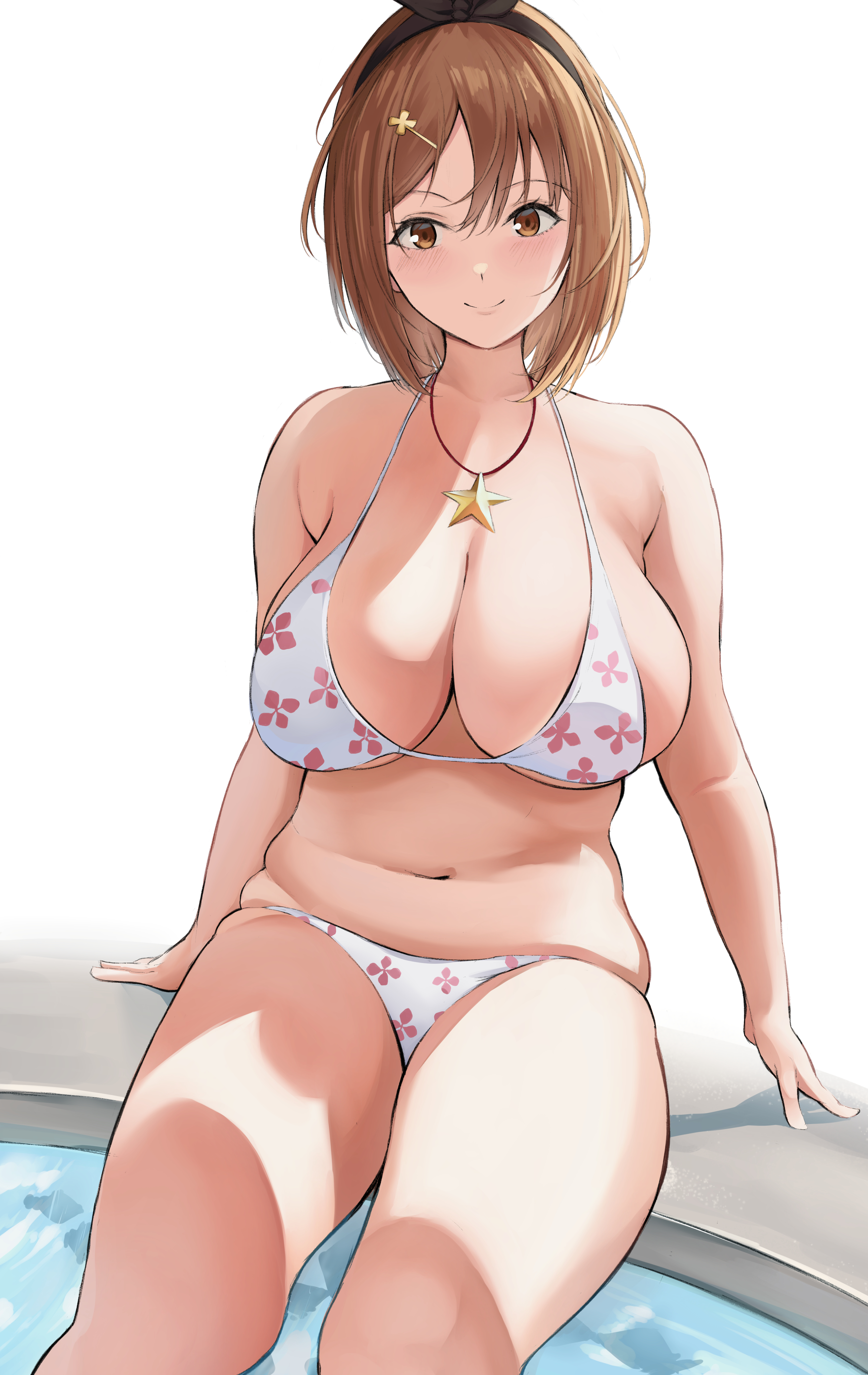 absurdres, atelier (series), atelier ryza, barely contained, bikini, black hairband, breasts, brown eyes, brown hair, female, floral print, hairband, halterneck, highres, jewelry, large breasts, looking at viewer, navel, necklace, neneneji, plump, pool, print bikini, reisalin stout, short hair, simple background, small bikini, smile, solo, star (symbol), star necklace, swimsuit, thick thighs, thighs, undersized clothes, white background, white bikini