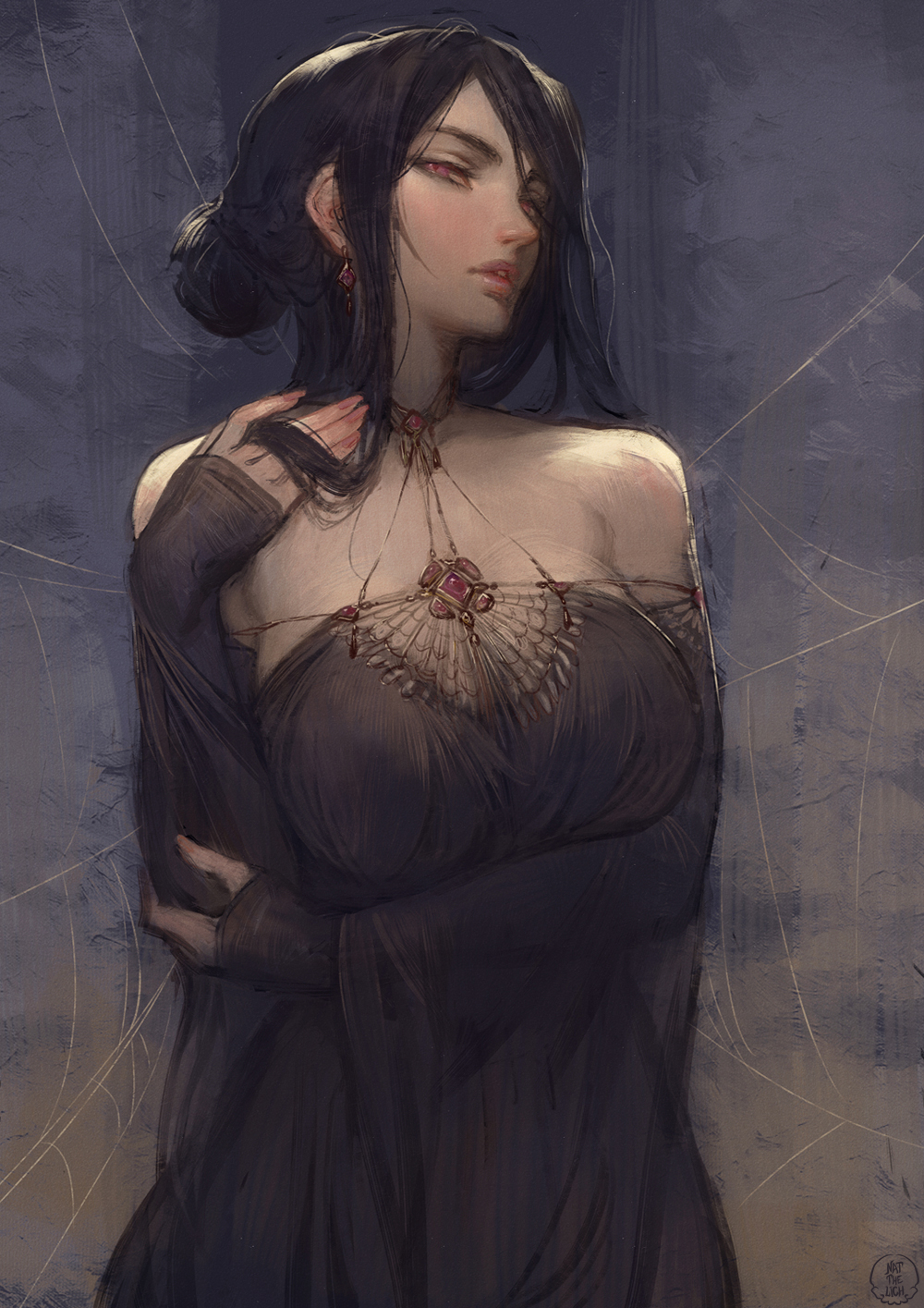 1girls arm_under_breasts black_hair dress erato_(ennuigrl) female female_only hand_on_hair hi_res long_hair looking_at_viewer narrowed_eyes natthelich painting_(artwork) red_eyes solo solo_female tied_hair upper_body