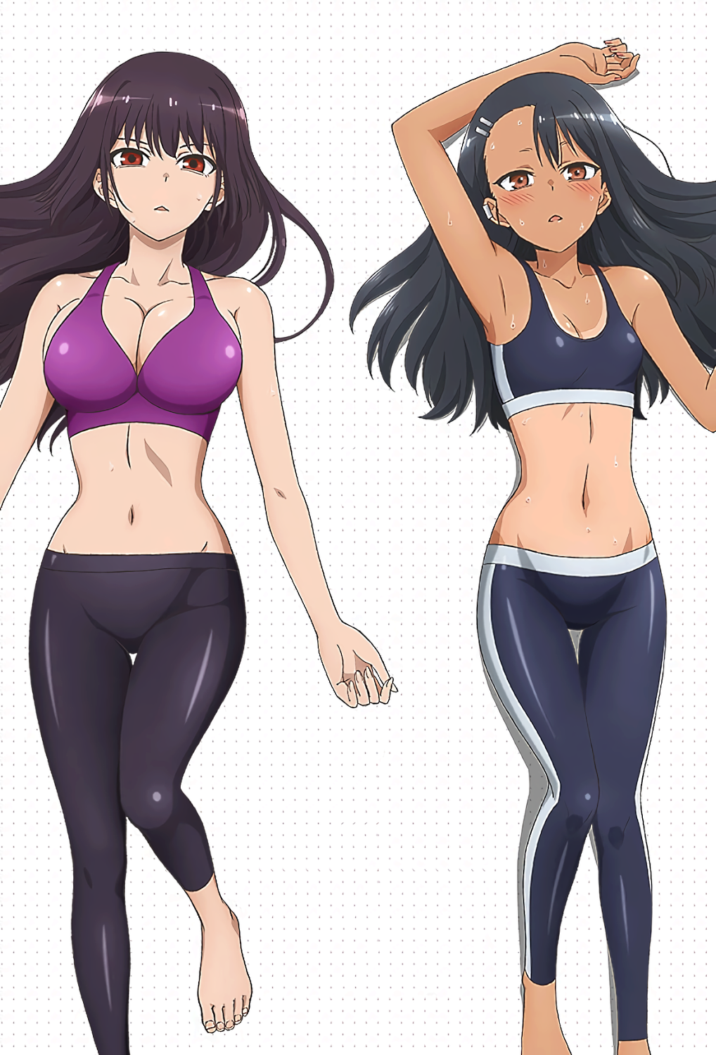 2girls 774_(nanashi) big_breasts black_hair breasts brown_eyes cleavage clothed clothing curvy female_focus female_only hayase_nagatoro long_hair looking_at_viewer multiple_girls navel open_mouth please_don't_bully_me,_nagatoro pose president_(nagatoro) purple_hair red_eyes revealing_clothes sana_sunomiya simple_background small_breasts sportswear tan tanline tanned white_background wide_hips