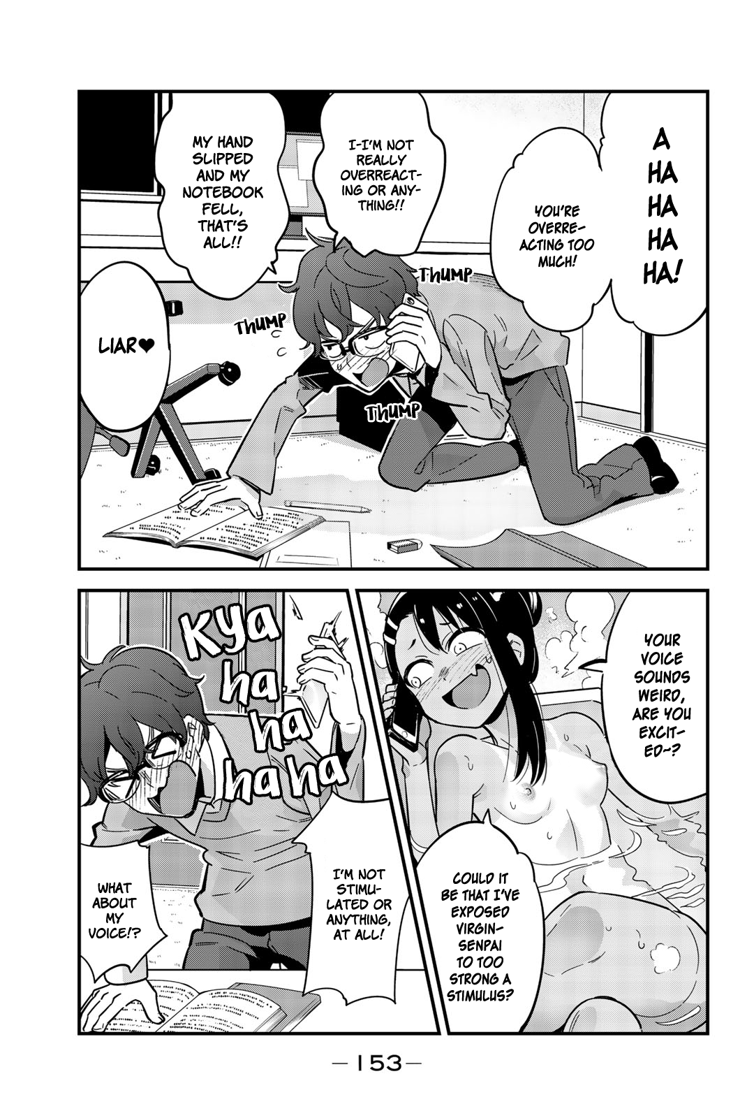 1boy, 1girls, 774 (nanashi), areolae, bathroom, bathtub, black hair, blush, breasts, closed eyes, clothed, clothing, english text, female, glasses, hayase nagatoro, hi res, long hair, male, monochrome, naoto hachioji (senpai), navel, nipples, nude, open mouth, please don't bully me, nagatoro, ponytail, revealing clothes, simple background, small breasts, tan, tanline, tanned, text, white background