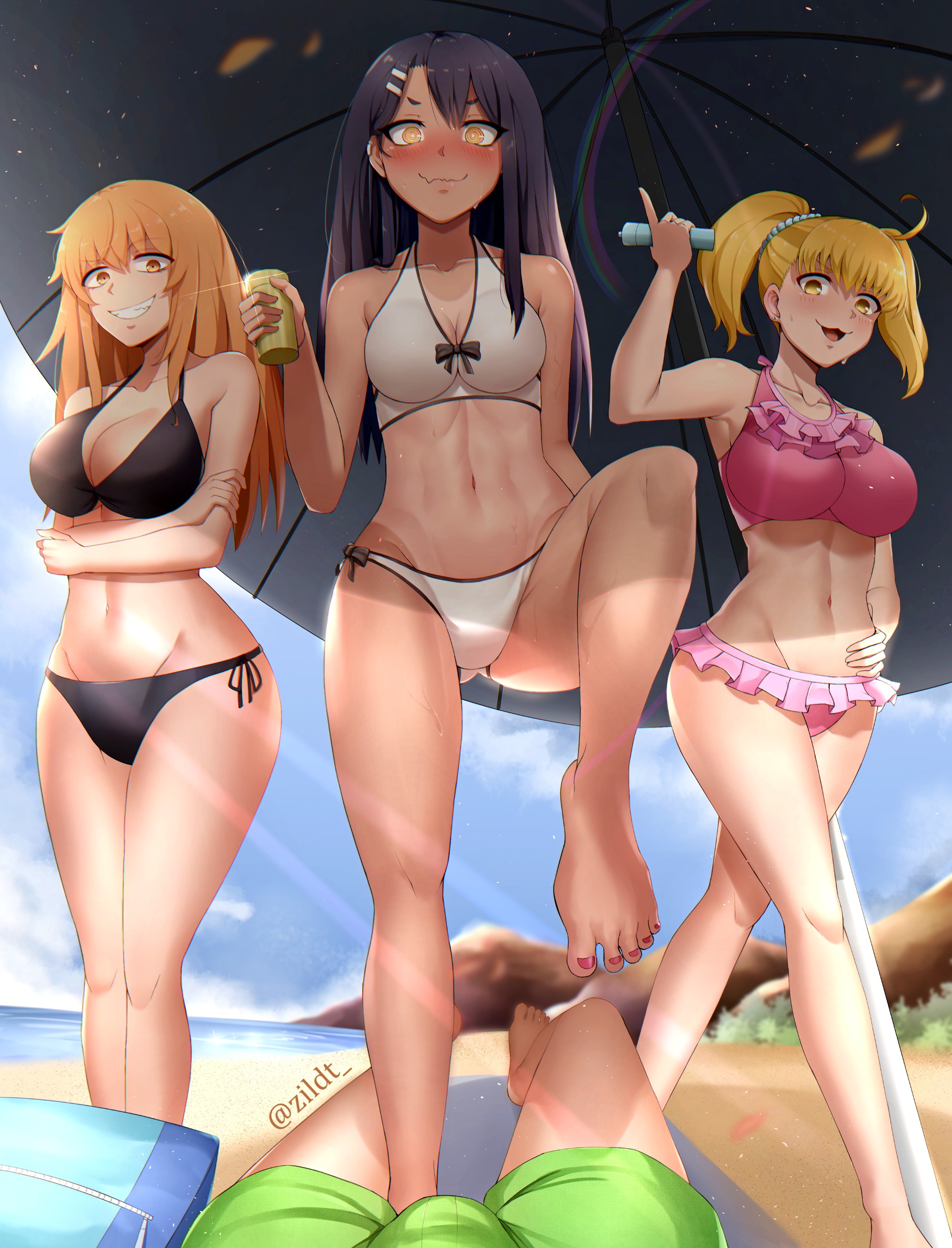 1boy, 3girls, beach, big breasts, bikini, black hair, blonde hair, blush, breasts, cleavage, curvy, female, gamo-chan, hayase nagatoro, hi res, long hair, looking at viewer, male, medium hair, multiple females, multiple girls, naoto hachioji (senpai), navel, open mouth, orange hair, please don't bully me, nagatoro, smile, tan, tanline, tanned, twintails, watermark, wide hips, yoshi (nagatoro), zildt 
