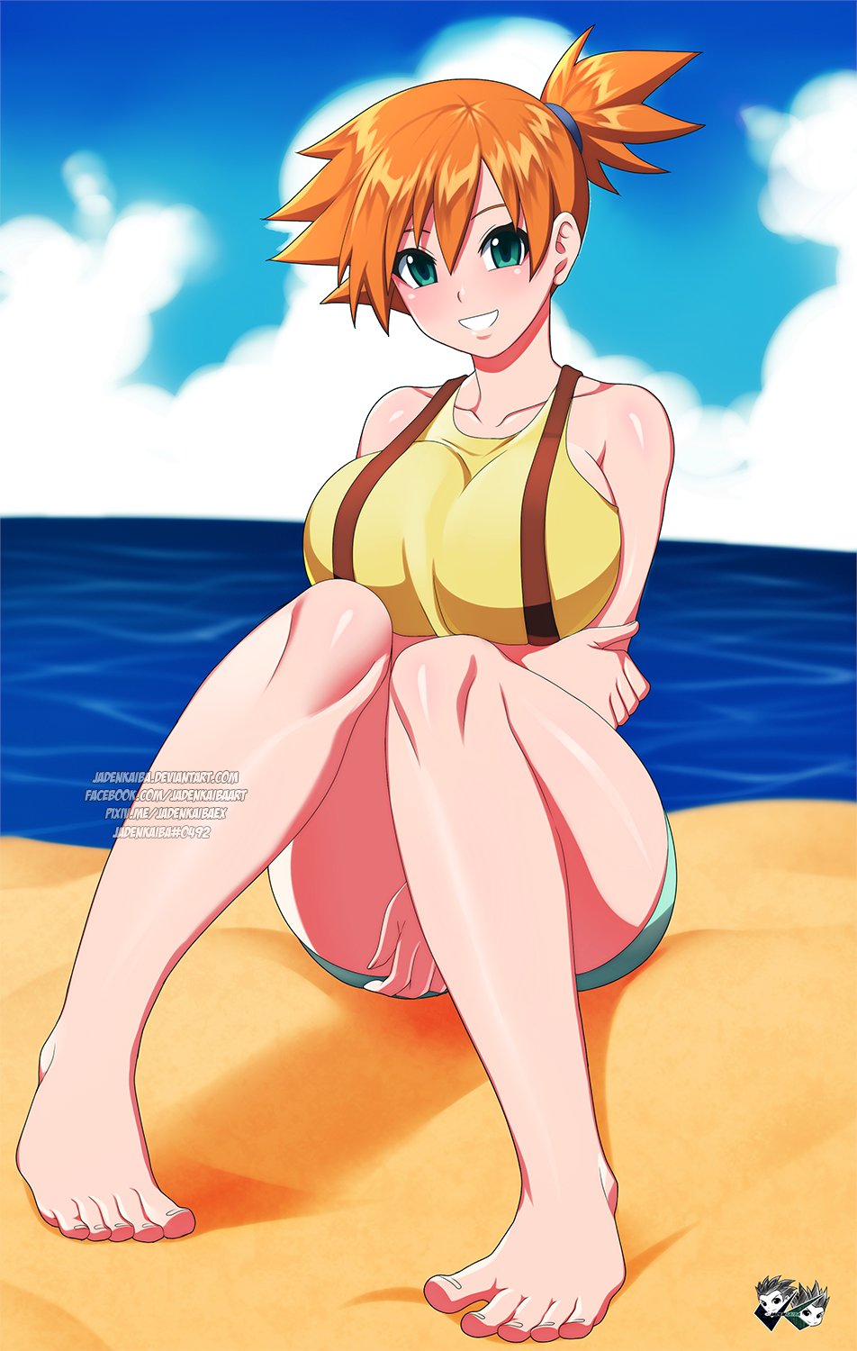 adapted costume, asymmetrical hair, bare legs, barefoot, beach, blush, breasts, clothing, cowboy shot, creatures inc., denim, denim shorts, feet, female, female only, game freak, green eyes, gym leader, high resolution, hips, huge breasts, jadenkaiba, kasumi (pokemon), large breasts, legs, looking at viewer, misty (pokemon), navel, nintendo, orange hair, pokemon, pokemon (anime), pokemon (classic anime), pokemon (game), pokemon rgby, ponytail, red hair, shirt, short hair, short ponytail, short shorts, shorts, side ponytail, simple background, smile, solo, suspenders, tank top, thick thighs, thighs, tied hair, tight clothes, toes, wide hips, yellow shirt, yellow tank top