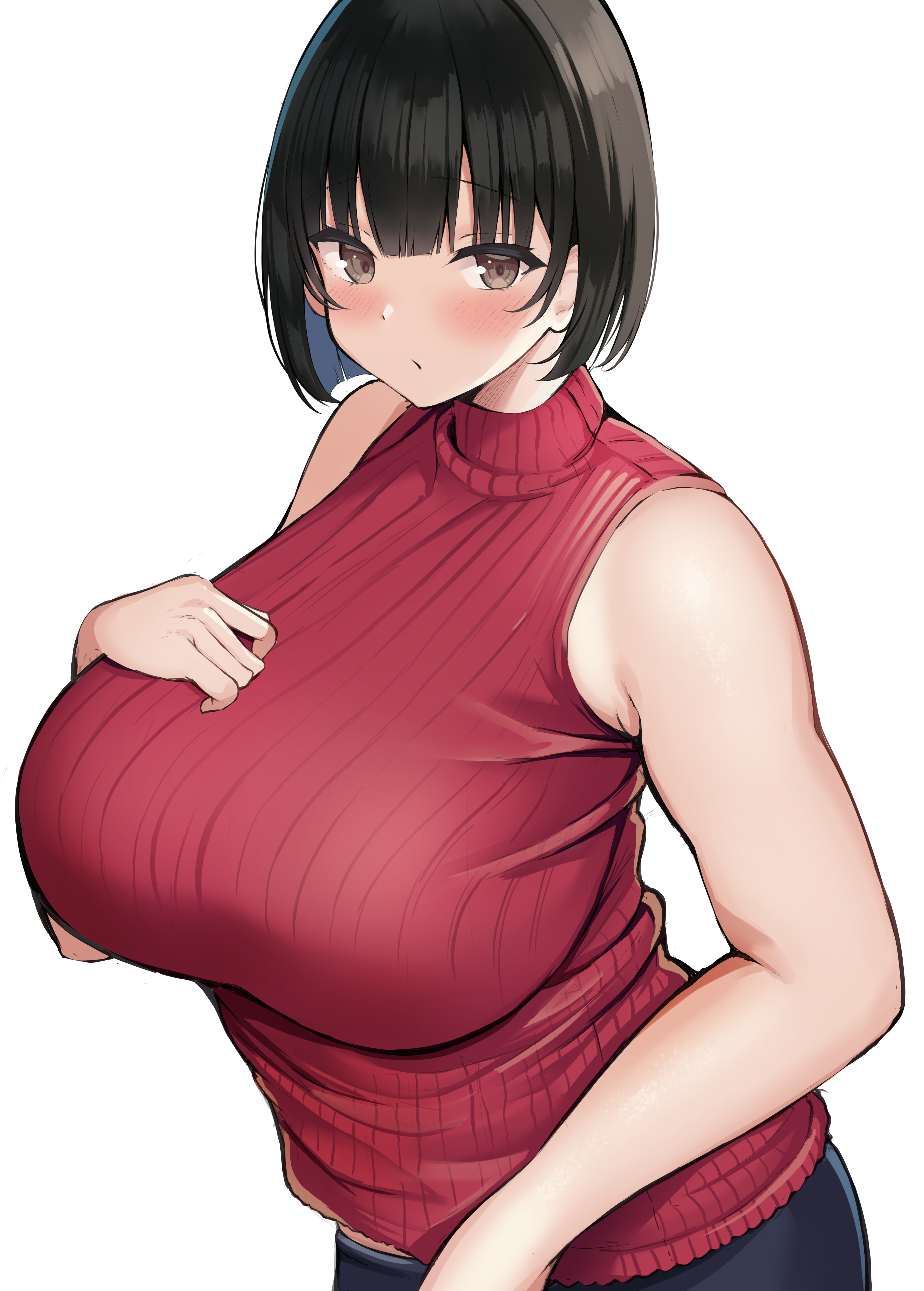absurdres, bangs, bare arms, bare shoulders, black eyes, black hair, blush, breasts, female, fully clothed, hand on own chest, highres, large breasts, looking at viewer, milf, neneneji, original, parted lips, red shirt, shirt, short hair, simple background, sleeveless, solo, white background