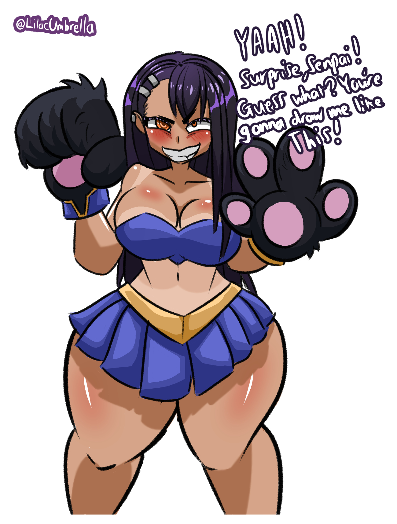 1girls, alternate breast size, big breasts, black hair, blush, breasts, brollyinthewind, brown eyes, cat ears, cat girl, cat tail, catgirl, cheerleader, cheerleader outfit, cheerleader uniform, cleavage, clothed, clothing, curvy, earrings, english text, female, female focus, female only, hayase nagatoro, hi res, huge thighs, lilacumbrella (artist), long hair, looking at viewer, please don't bully me, nagatoro, pose, revealing clothes, simple background, smile, solo, talking to viewer, tan, tanline, tanned, text, thick thighs, thunder thighs, wide hips