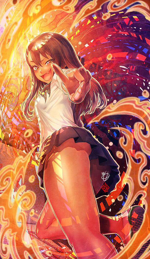 1girls, amaguchi chiyoko, black hair, blush, breasts, brown eyes, clothed, clothing, earrings, fangs, female, female focus, female only, hayase nagatoro, hi res, long hair, looking at viewer, open mouth, please don't bully me, nagatoro, pointing, pose, revealing clothes, sideboob, simple background, small breasts, smile, solo, tan, tanned, upskirt, watermark