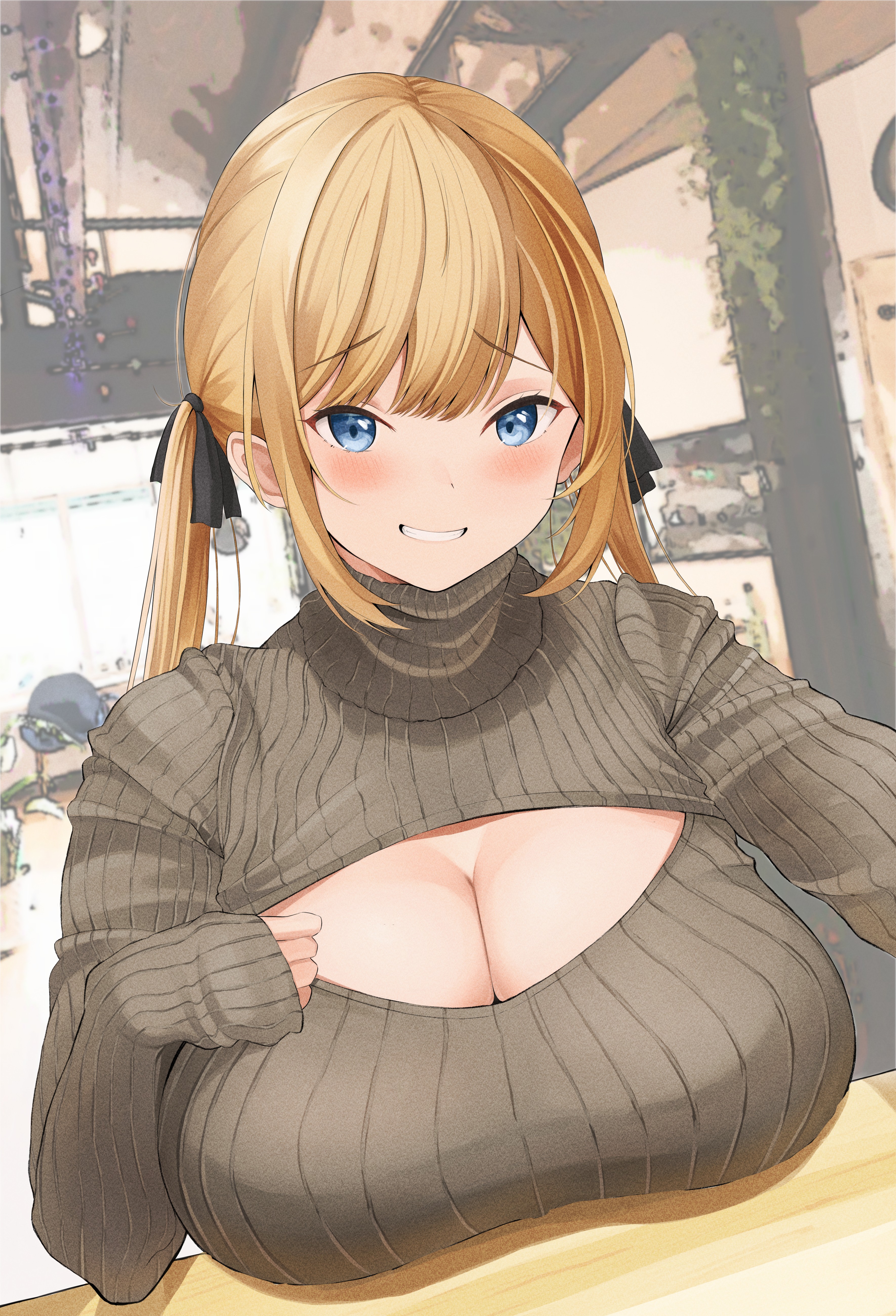 absurdres, bangs, black ribbon, blonde hair, blue eyes, blush, breast rest, breasts, breasts on table, cleavage, female, fully clothed, grey sweater, hair ribbon, highres, huge breasts, long hair, looking at viewer, neneneji, original, resting, resting breasts, ribbed sweater, ribbon, sleeves past wrists, smile, solo, sweater, teeth, turtleneck, turtleneck sweater, upper body