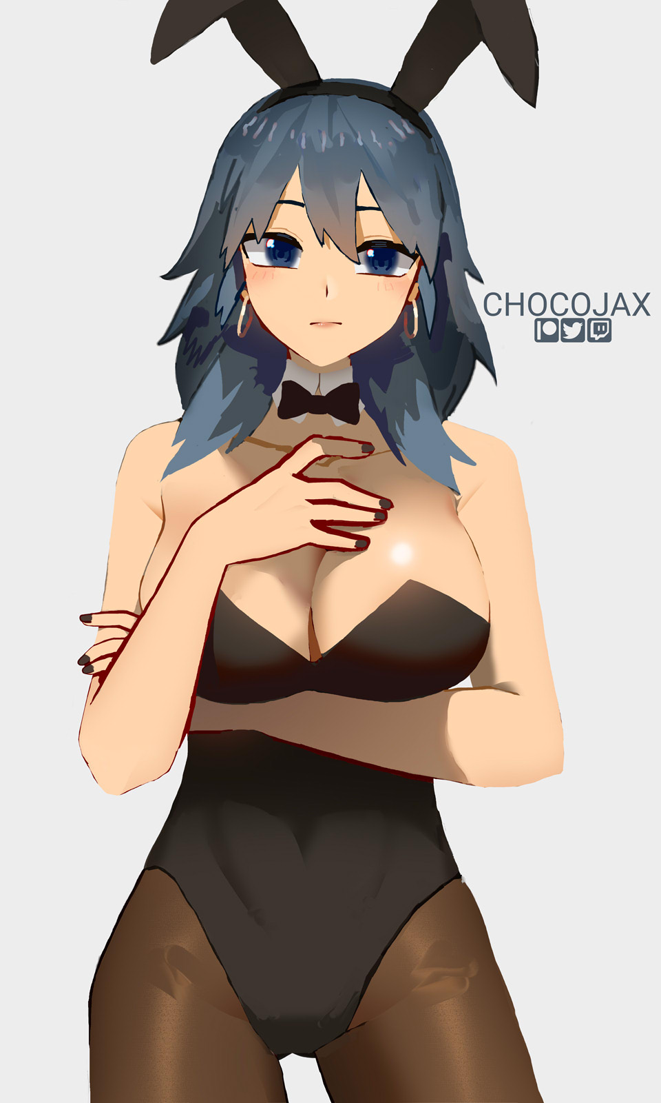 alternate_costume black_nails blue_eyes blue_hair breasts bunny_ears bunny_girl bunnysuit byleth_(fire_emblem) byleth_(fire_emblem)_(female) chocojax cleavage earrings female fire_emblem fire_emblem:_three_houses large_breasts looking_at_viewer nail_polish nintendo solo teal_hair