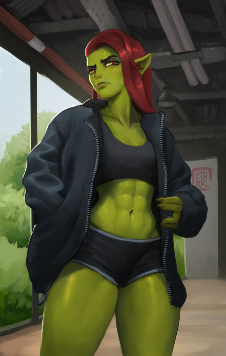 1girls abs ethrk fangs female female_only green_skin hoodie indoors long_hair looking_at_viewer narrowed_eyes orange_eyes orc orc_female pointy_ears red_hair solo solo_female sportswear toned toned_female workout_clothes