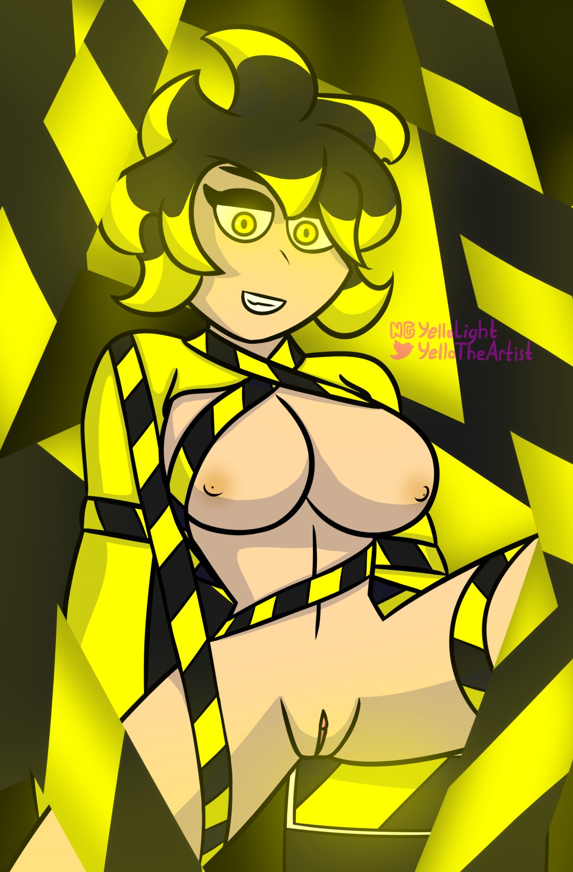 1girls black_hair caution_tape female geometry_dash geometry_dash_(mayhem) mayen_(geometry_dash) nude nude_female yellolight yellow_eyes yellow_hair