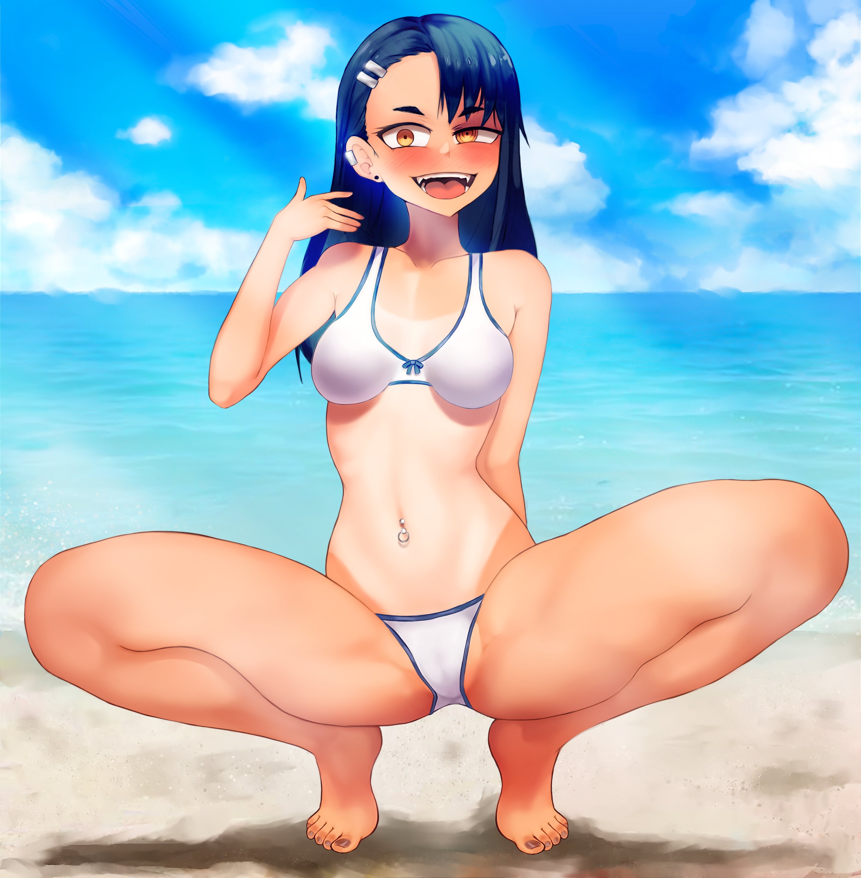 1girls, beach, bikini, black hair, blush, breasts, brown eyes, clothed, clothing, dayby, earrings, female, female focus, female only, hayase nagatoro, hi res, long hair, looking at viewer, muscular, muscular female, navel, navel piercing, open mouth, please don't bully me, nagatoro, pose, revealing clothes, simple background, small breasts, smile, solo, spread legs, tan, tanline, tanned, tongue, tongue out