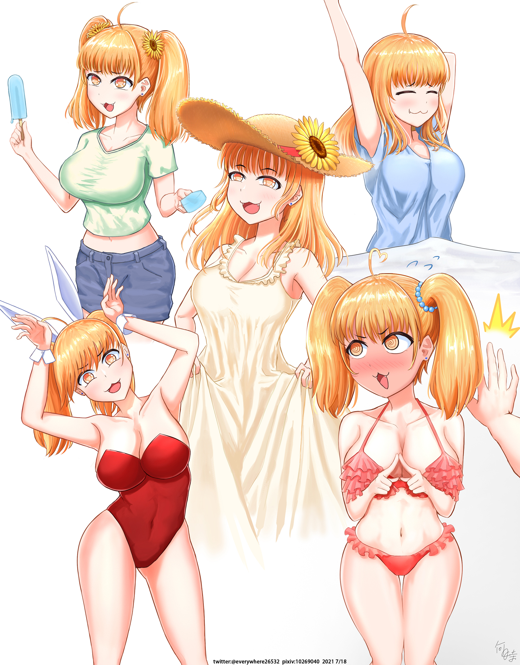 1boy, 1girls, big breasts, bikini, blonde hair, blush, breasts, brown eyes, cleavage, clothed, clothing, costume, female, hi res, looking at viewer, male, medium hair, naoto hachioji (senpai), navel, open mouth, please don't bully me, nagatoro, pose, revealing clothes, simple background, twintails, watermark, when26532, white background, yoshi (nagatoro)