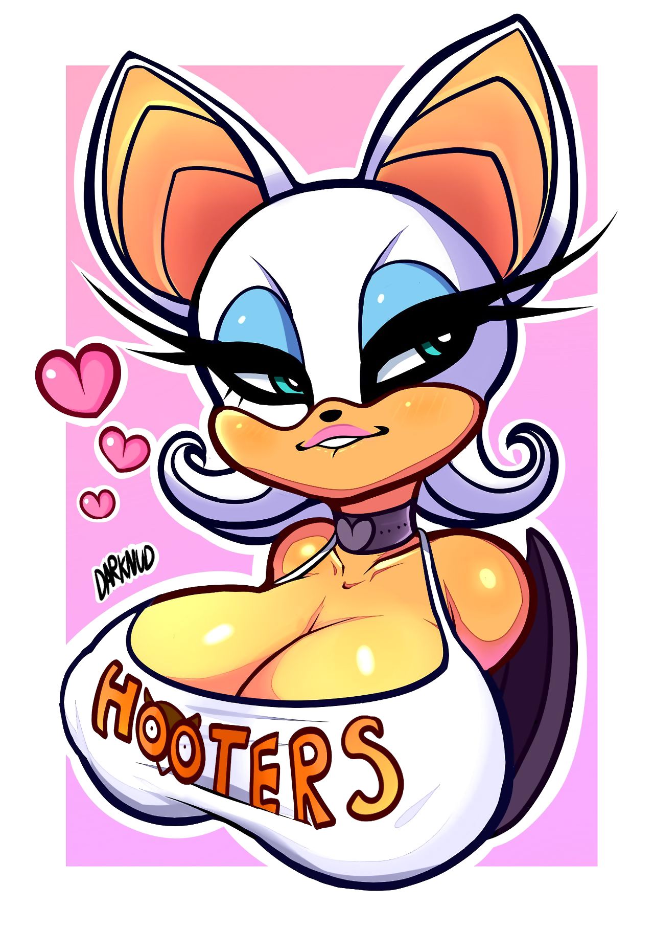 1girls, 2017, anthro, bat, bat wings, big breasts, biting lip, blue eyes, blue eyeshadow, breasts, choker, cleavage, clothing, collar, darknud, female, female focus, female only, fur, furry, half-closed eyes, heart, hooters, hooters uniform, huge breasts, lipstick, rouge the bat, seductive, seductive look, seductive smile, sega, solo, sonic (series), sonic the hedgehog (series), tank top, upper body