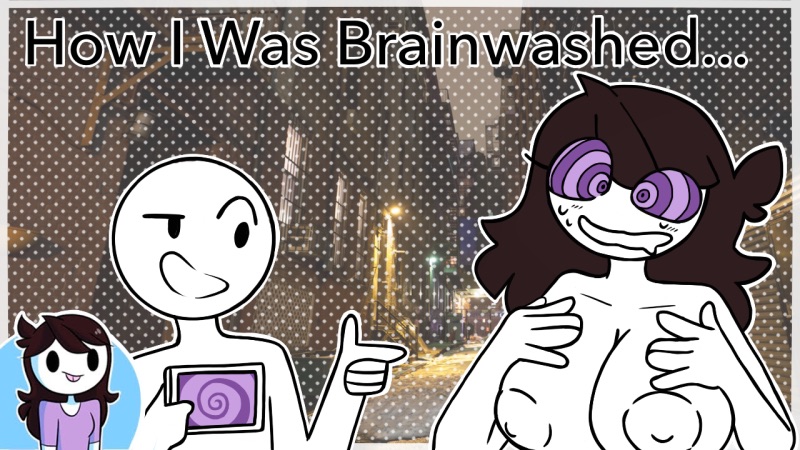 artist request, brainwashed, brainwashing, breasts, brown hair, cellphone, female, jaiden, jaiden animations, jaidenanimations, mind control, nude, swirly eyes, tagme, text, thumbnail, youtube, youtuber