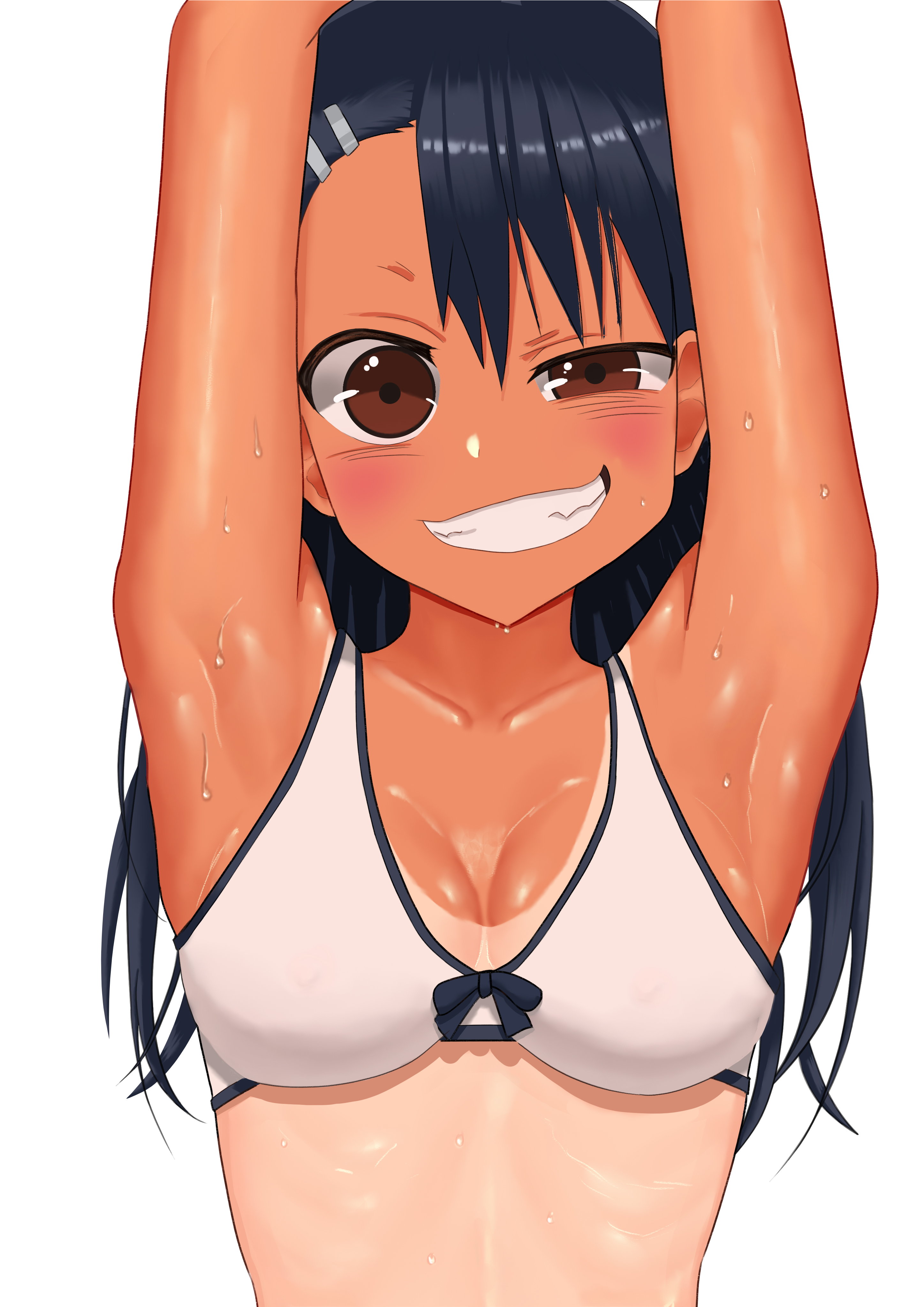 1girls, armpits, bikini, black hair, blush, breasts, brown eyes, cleavage, clothed, clothing, earrings, female, female focus, female only, hayase nagatoro, hi res, long hair, looking at viewer, please don't bully me, nagatoro, poku kuku, pose, revealing clothes, simple background, small breasts, smile, solo, sweat, tan, tanline, tanned, white background