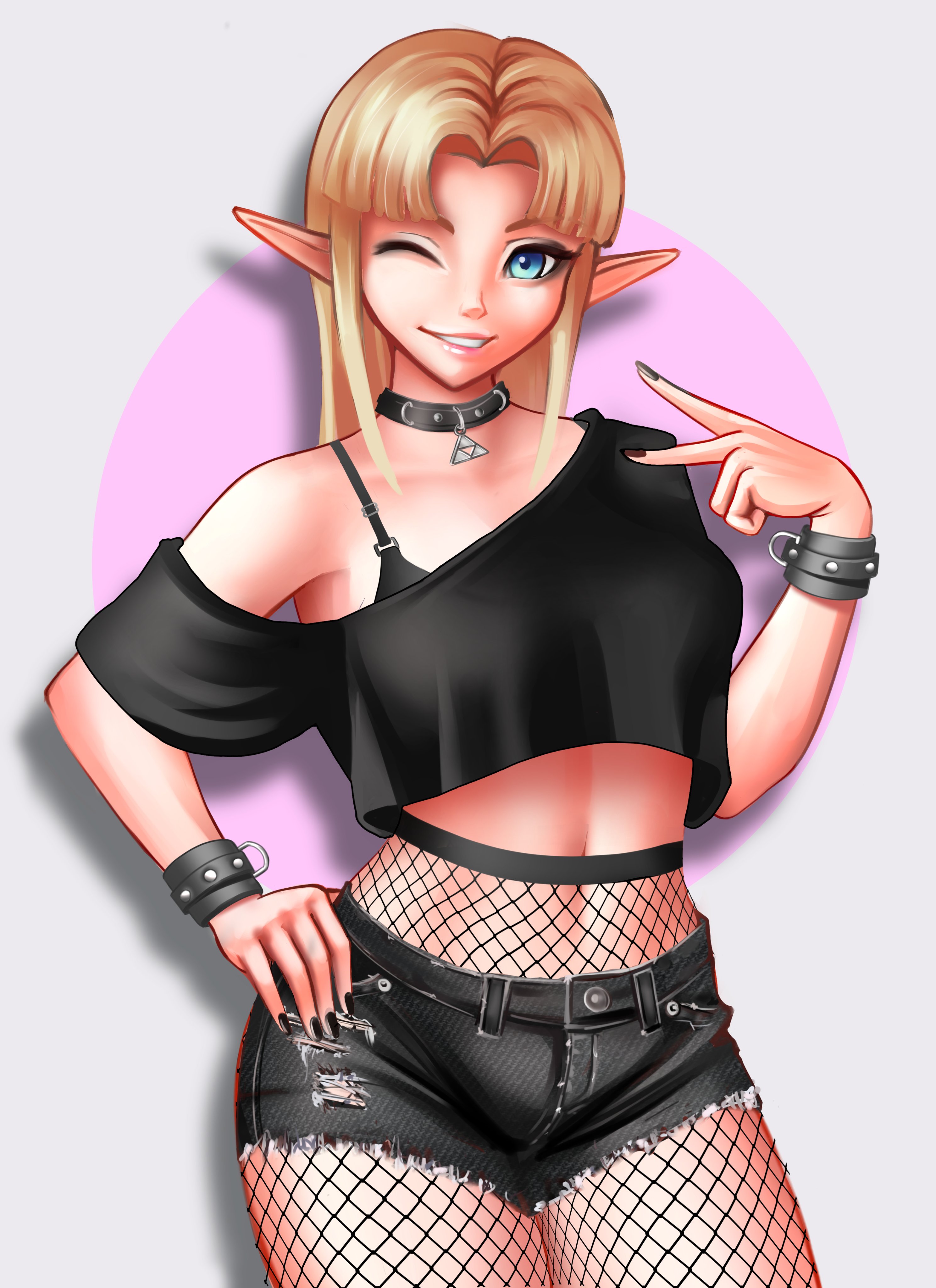 1girls, a link between worlds, absurd res, black nail polish, blonde hair, blue eyes, collar, female, female only, fishnet pantyhose, fishnets, goth, goth girl, goth zelda, gothified, hand on hip, jackary draws, long hair, looking at viewer, nail polish, nintendo, pantyhose, pointy ears, princess zelda, shorts, smile, solo, solo female, the legend of zelda, triforce, triforce necklace, v, v sign, wink, winking, winking at viewer, wrist cuffs, zelda (a link between worlds)