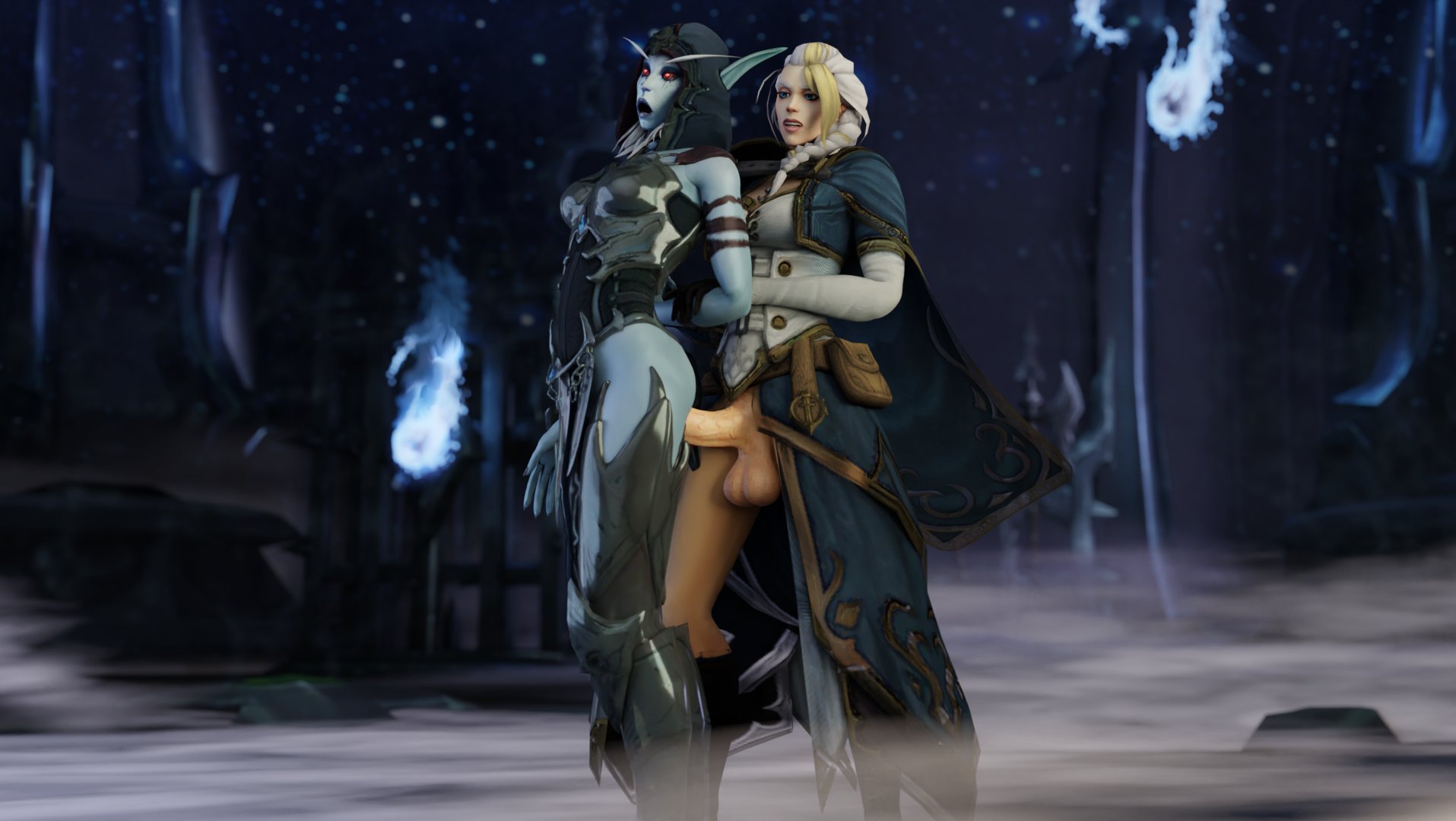 1futa, 1girls, 3d, alliance dominance, athletic, athletic female, athletic futa, balls, big penis, bottomless, elf, erection, female, freysward, futa on female, futanari, human, human penetrating, intersex, jaina proudmoore, loincloth, loincloth aside, mawsworn, penetration, penis, sex, sylvanas windrunner, the maw (warcraft), torghast tower of the damned, warcraft, world of warcraft, wow