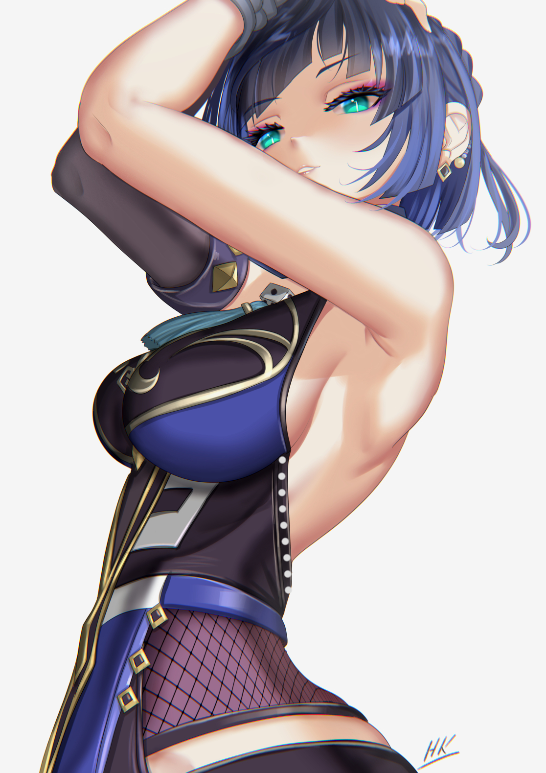 1girls, arched back, armpits, arms up, bangs, big breasts, blue hair, bodysuit, braid, braided hair, breasts, dice, earrings, female, genshin impact, green eyes, hips, huge breasts, kein hasegawa, large breasts, looking at viewer, looking down, plain background, short hair, side view, sideboob, simple background, slim waist, small waist, solo, standing, tassel, tight clothing, waist, white background, wide hips, yelan (genshin impact)