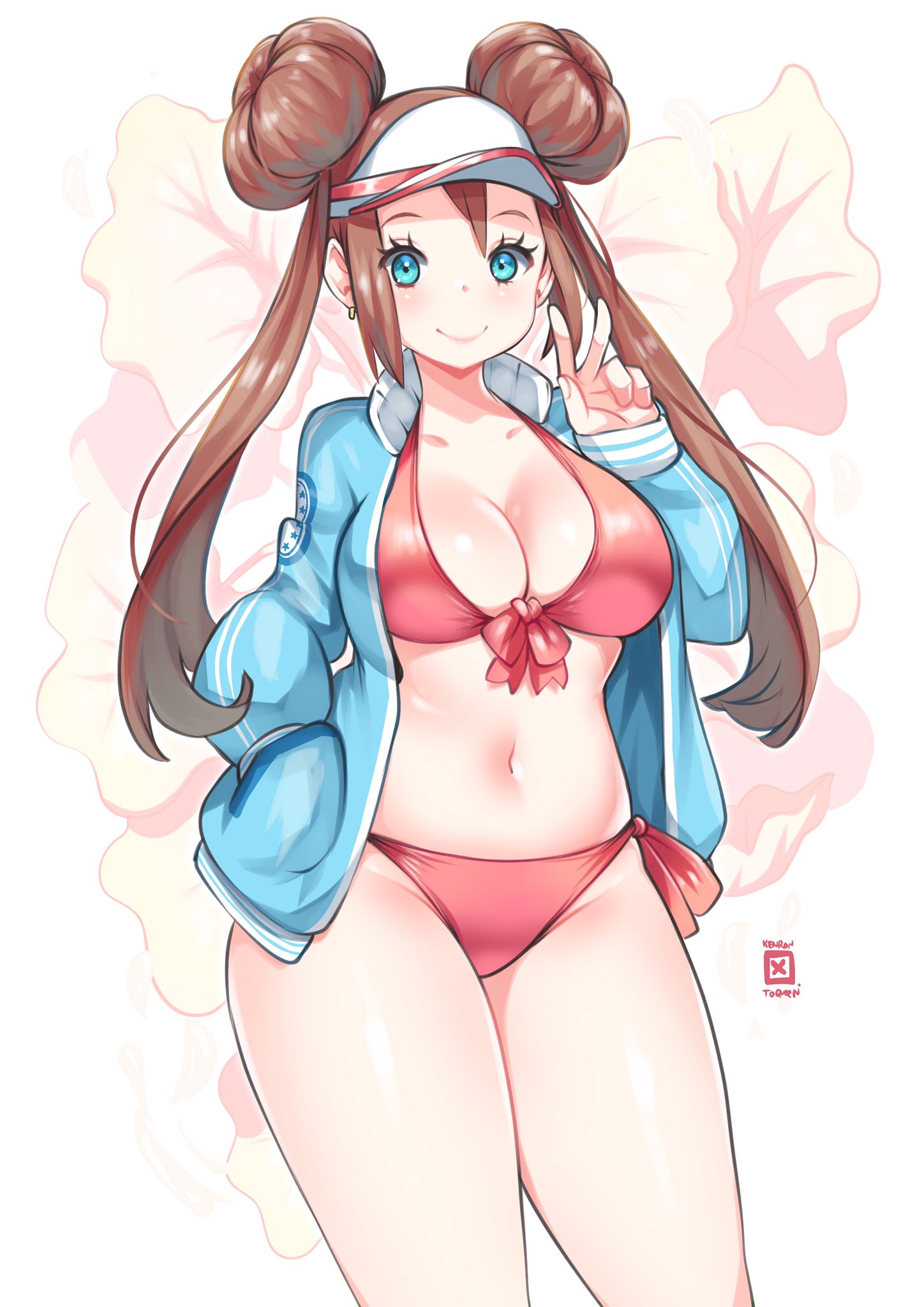 1girls 2022 bikini blue_eyes blush breasts brown_hair female female_only hi_res hips jacket kenron_toqueen large_breasts long_hair looking_at_viewer nintendo octoosr peace_sign pink_bikini pokemon pokemon_bw2 rosa_(pokemon) slim_waist smile thick_thighs thighs twin_buns twintails wide_hips