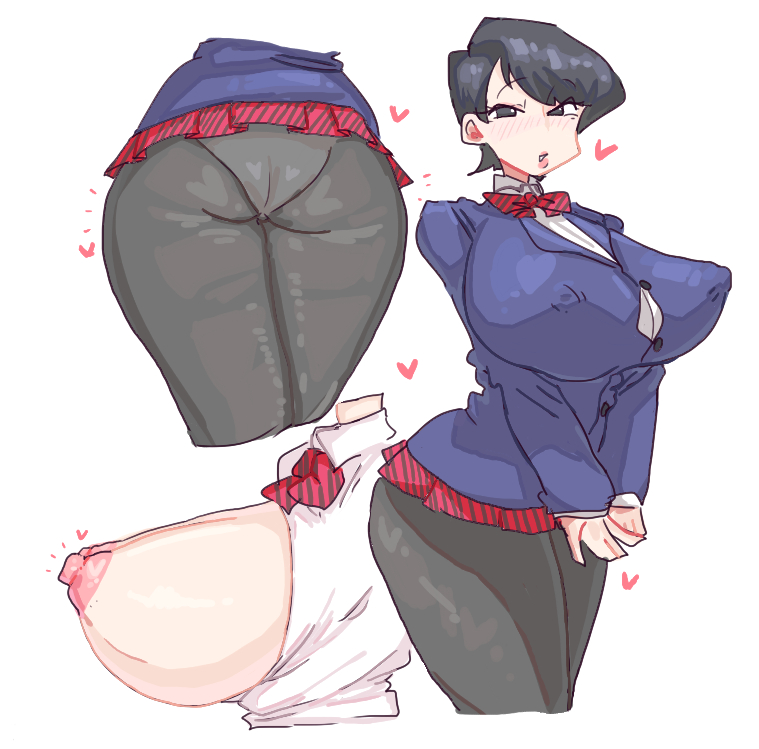 ass, black hair, breasts, coat, erect nipples, female, huge breasts, huge nipples, komi shuuko, komi-san wa komyushou desu, large ass, large breasts, leebongchun, lowres, mature female, milf, nipples, panties, panties under pantyhose, pantyhose, perky breasts, school uniform, shirt, short hair, skirt, tight clothing, underwear, upskirt, white background