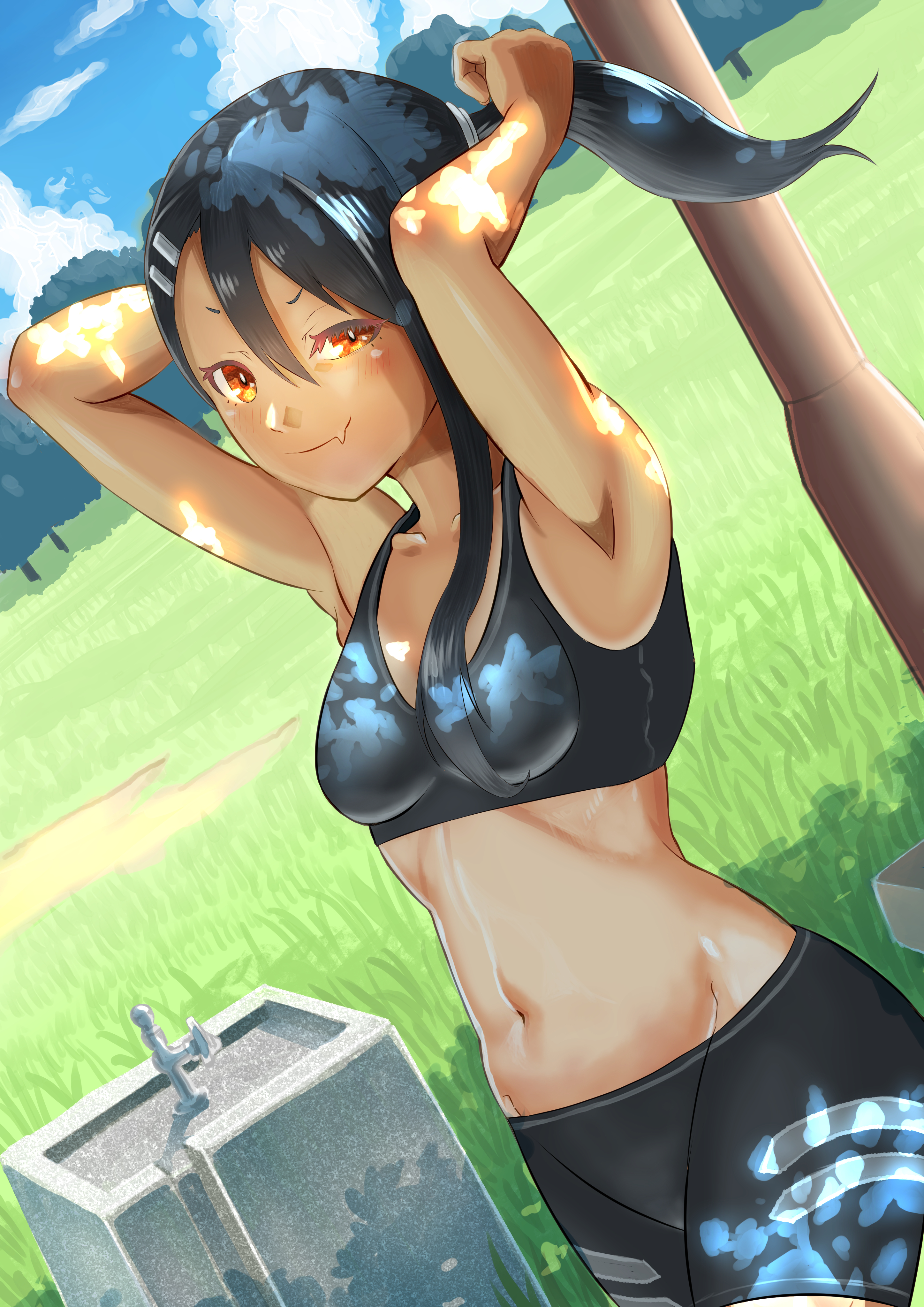 1girls, adjusting hair, athletic, athletic female, bike shorts, black hair, blush, breasts, brown eyes, cleavage, clothed, clothing, earrings, fangs, female, female focus, female only, hayase nagatoro, hi res, long hair, looking at viewer, midriff, navel, please don't bully me, nagatoro, ponytail, pose, revealing clothes, shigego-harai, sideboob, simple background, small breasts, smile, smug, smug face, solo, spats, sports bra, sportswear, sweat, tan, tan skin, tan-skinned female, tanline, tanned, tanned female, tanned skin