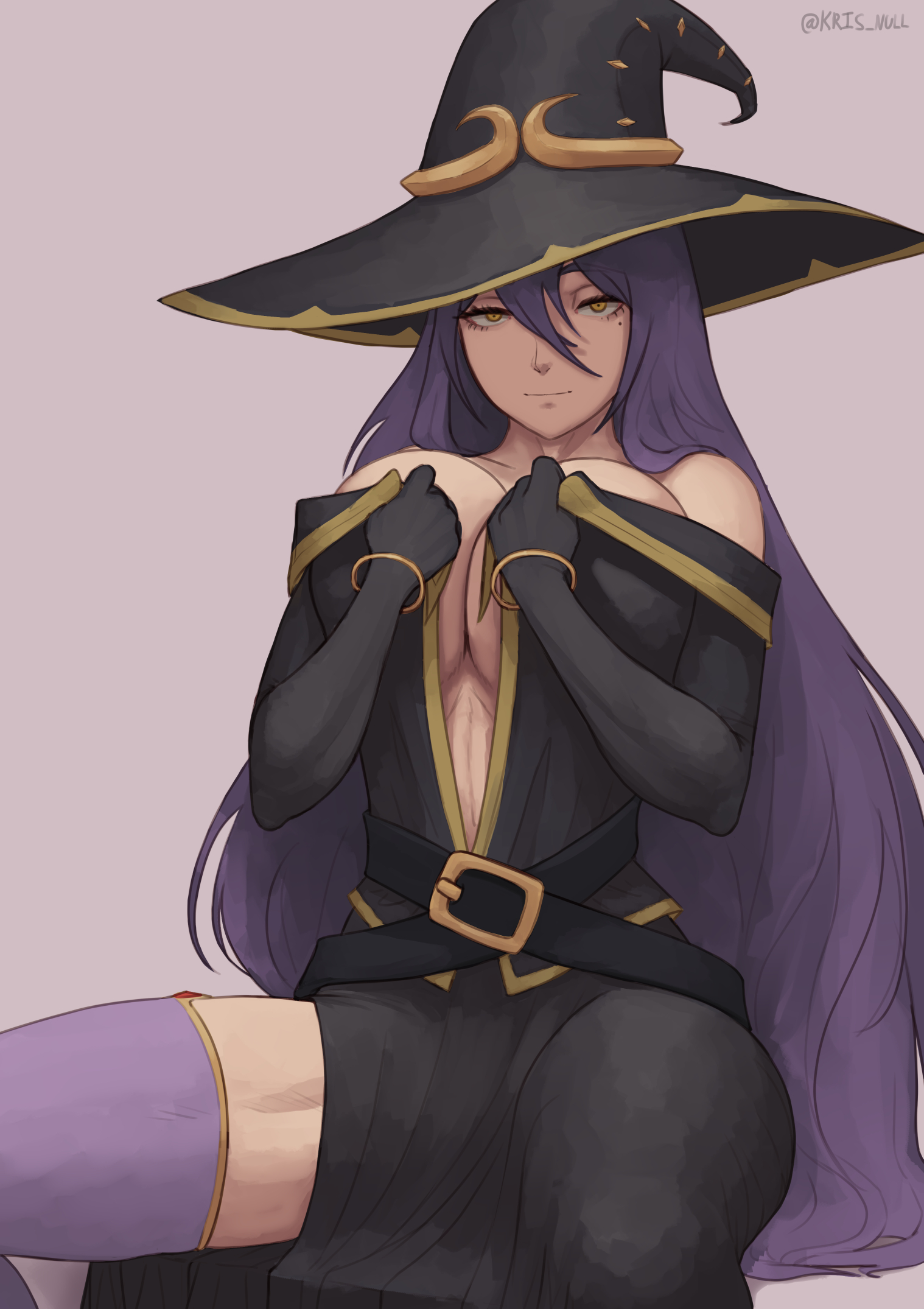 1girls, big breasts, breasts, cleavage, female, gloves, goblin slayer, huge breasts, kris null, large breasts, looking at viewer, purple hair, stockings, tagme, witch (goblin slayer), witch hat, yellow eyes
