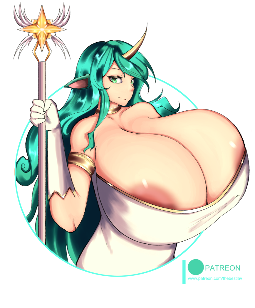 1girls areola_slip areolae big_breasts breasts cleavage clothed clothed_female dress female female female_only gigantic_breasts green_eyes green_hair horn huge_breasts hyper_breasts l-a-v large_breasts league_of_legends long_hair pointy_ears sleeveless smile solo soraka staff standing star_guardian_series star_guardian_soraka weapon