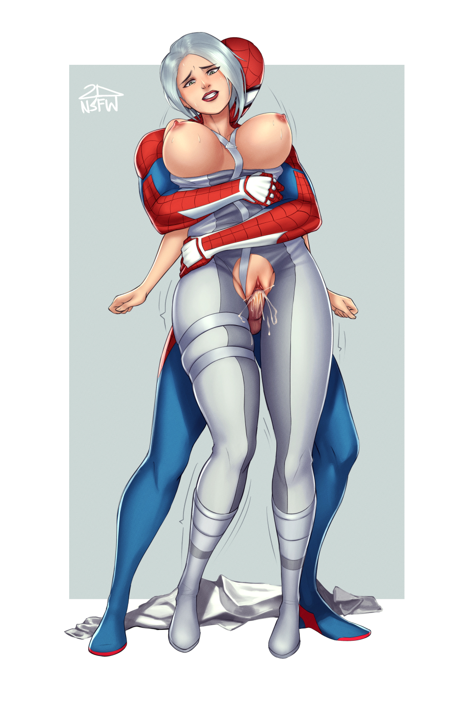 1boy, 1girls, 2dnsfw, breasts, breasts out, carrying partner, clenched teeth, female, from behind, lipstick, male, male/female, marvel, marvel comics, masked male, nipples, peter parker, pussy, questionable consent, rape, sex, short hair, silver hair, silver sable, silver sable (insomniac), silver sablinova, spider-man, spider-man (insomniac), spider-man (ps4), spider-man (series), straight, straight hair, superhero, sweat, vaginal penetration