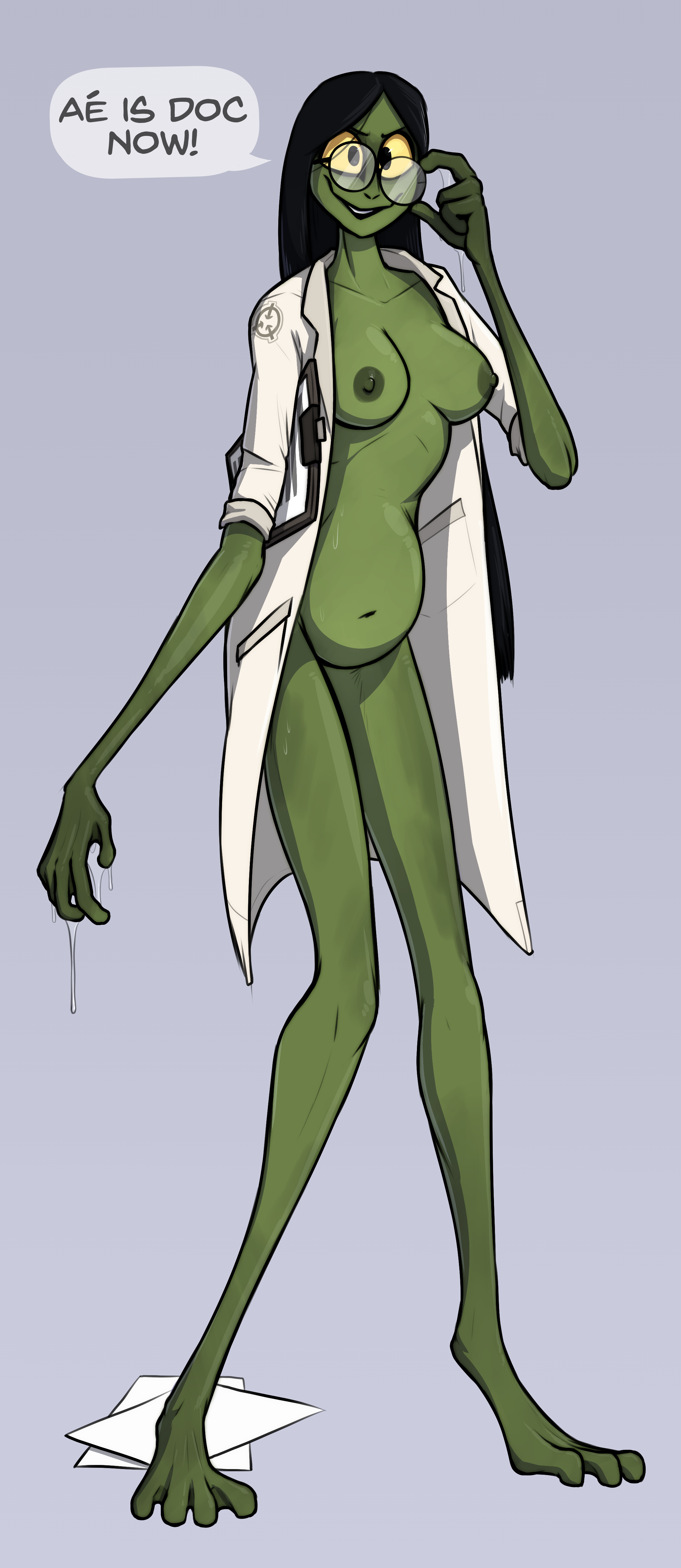 belly, big belly, black hair, bloated belly, breasts, clipboard, female, glasses, green skin, keadonger, labcoat, long hair, nipples, noseless, scp foundation, scp scientist, scp-811, solo, yellow sclera