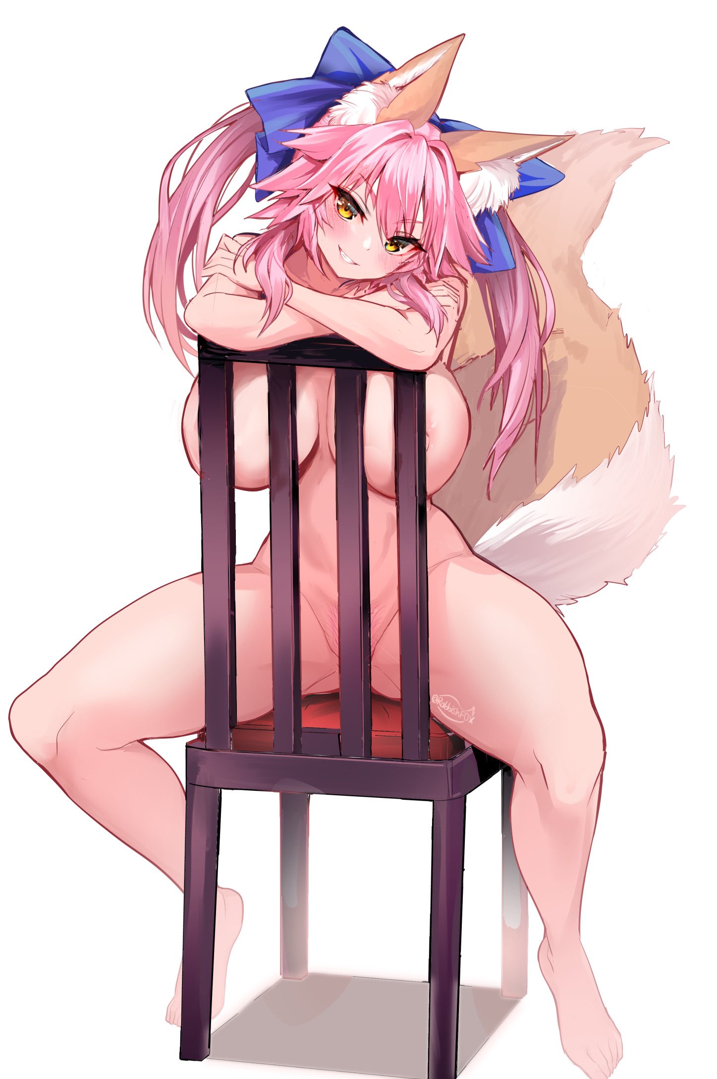 animal ear fluff, animal ears, bangs, blue ribbon, blush, breasts, chair, commentary, completely nude, convenient censoring, fate (series), fate/extra, female, fox ears, fox girl, fox tail, full body, hair ornament, hair ribbon, highres, large breasts, long hair, looking at viewer, nipples, nude, parted lips, pink hair, ribbon, simple background, sitting, sitting backwards, smile, solo, tail, tamamo no mae (fate), thighs, twintails, white background, wisespeak, yellow eyes