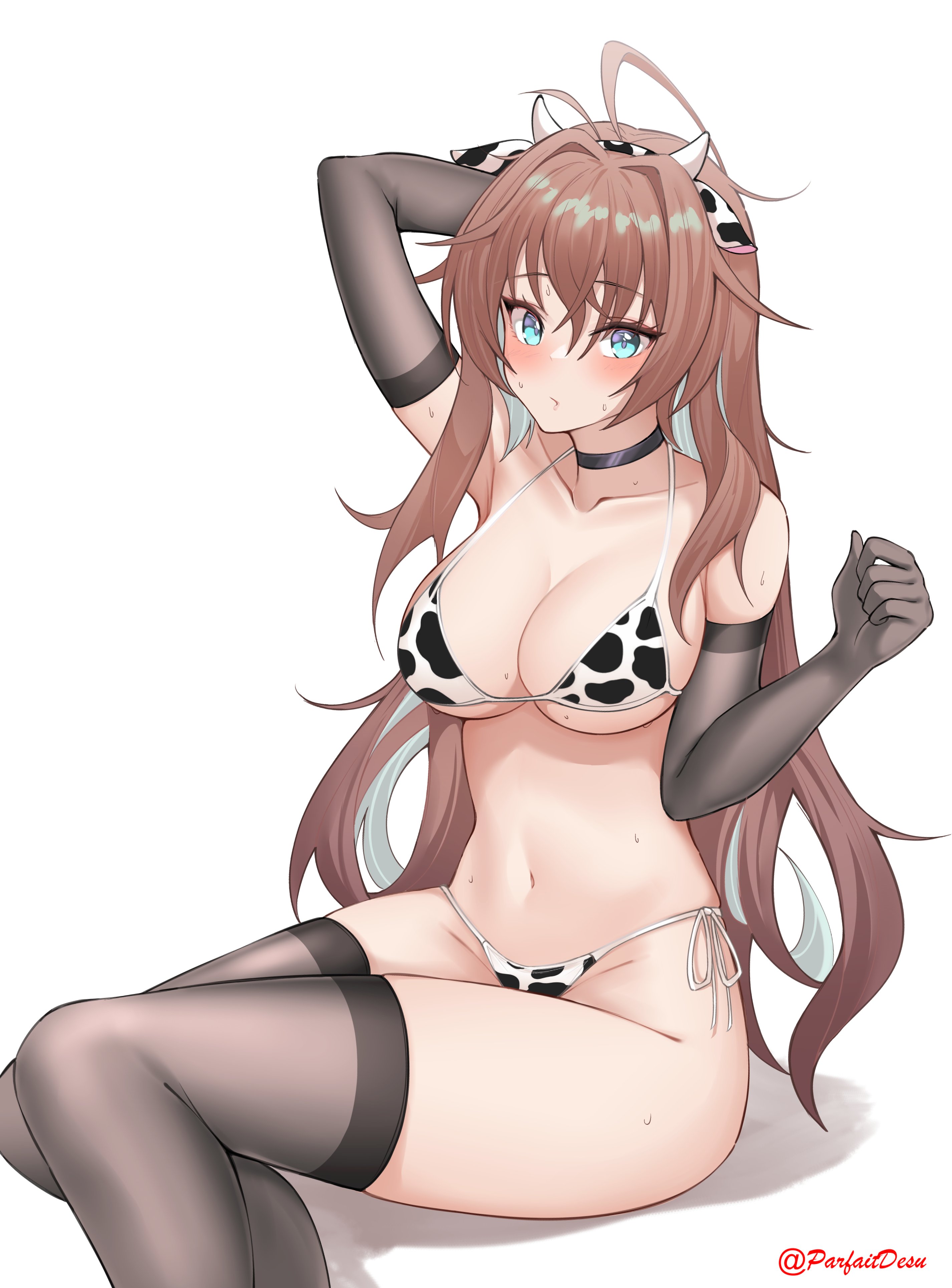 1girls, absurdres, animal ears, animal print, antenna hair, arm up, armpits, azur lane, bare shoulders, bikini, black choker, black gloves, blue eyes, breasts, brown hair, brown legwear, choker, cleavage, collarbone, cow ears, cow horns, cow print, elbow gloves, fake animal ears, fake horns, female, gloves, halterneck, hand up, highres, horns, impero (azur lane), light skin, light-skinned female, long hair, looking at viewer, medium breasts, navel, parfait ehmy, sardegna empire (azur lane), side-tie bikini, simple background, sitting, solo, stomach, string bikini, sweat, swimsuit, thighhighs, thighs, very long hair, white background, white bikini
