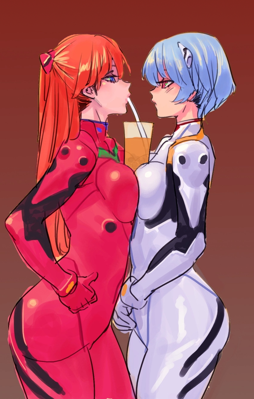 2d 2girls almost_yuri artist_request asuka_langley_sohryu blue_eyes blue_hair bodysuit breasts clothing colored female female_focus female_only gradient_background human light-skinned_female light_skin long_hair looking_at_each_other medium_breasts meme neon_genesis_evangelion orange_hair pale-skinned_female pale_skin pilot_suit plugsuit red_eyes red_hair rei_ayanami short_hair skin_tight tagme