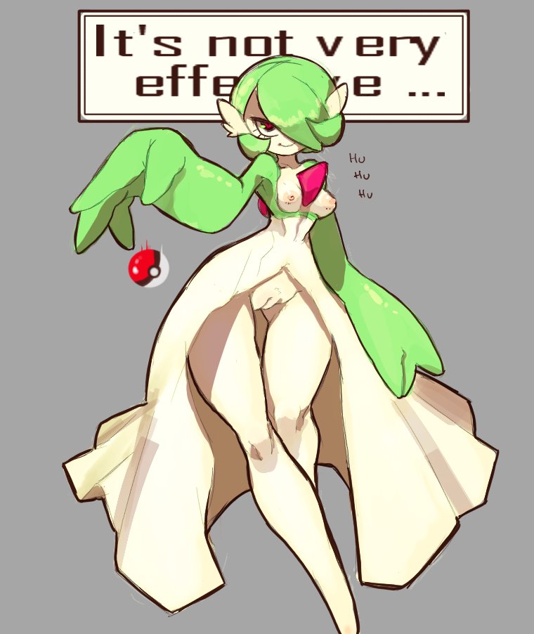 1girls, breasts, chest spike, english text, female, gardevoir, green hair, large hands, looking at viewer, pokémon (species), poke ball, pokemon, pokemon (species), pussy, red eyes, slurp (artist), small breasts, smirk, smug, thick thighs, thigh gap, white body, wide hips, wide thighs