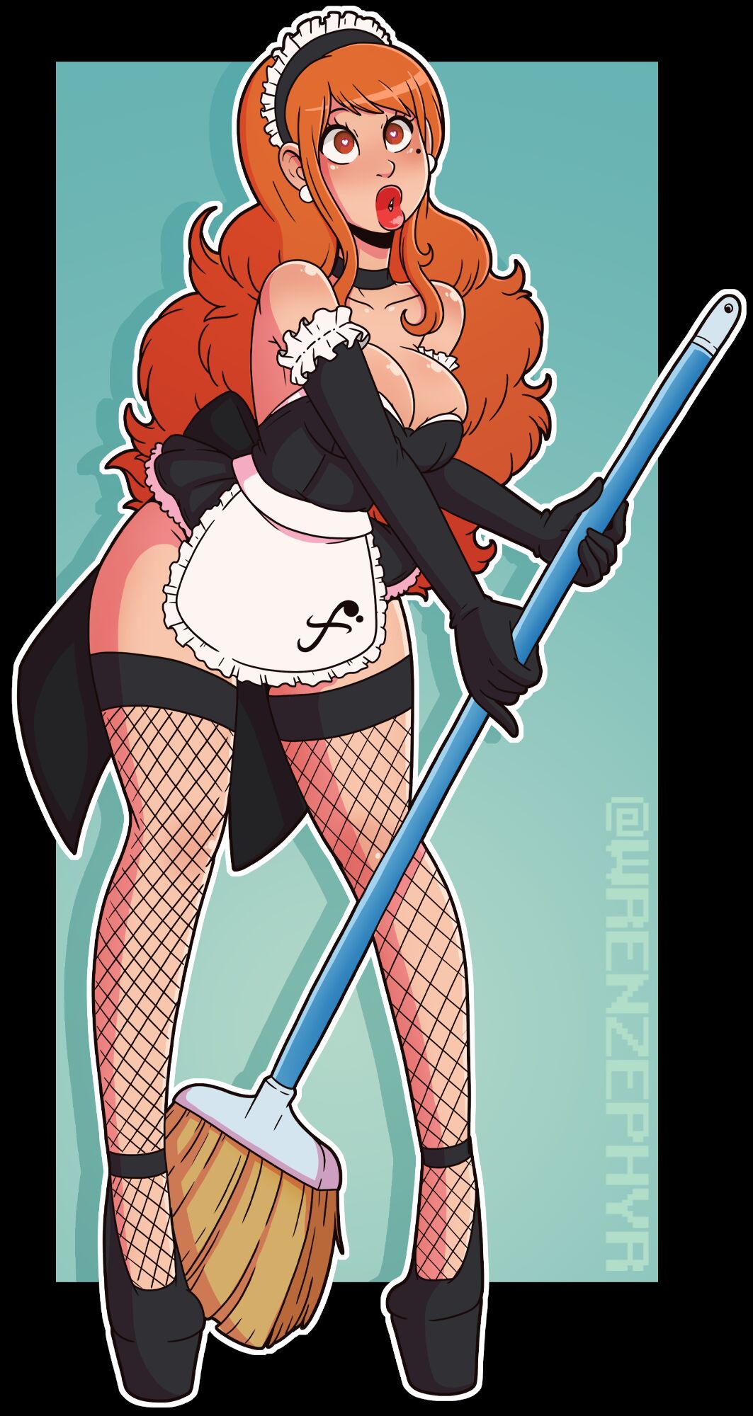 1girls, ass, big ass, big breasts, big lips, brainwashing, breasts, broom, female, female only, fishnets, heart-shaped pupils, high heels, long hair, maid, mind control, nami (one piece), one piece, orange hair, platform heels, red lipstick, solo, solo focus, thick thighs, wrenzephyr2