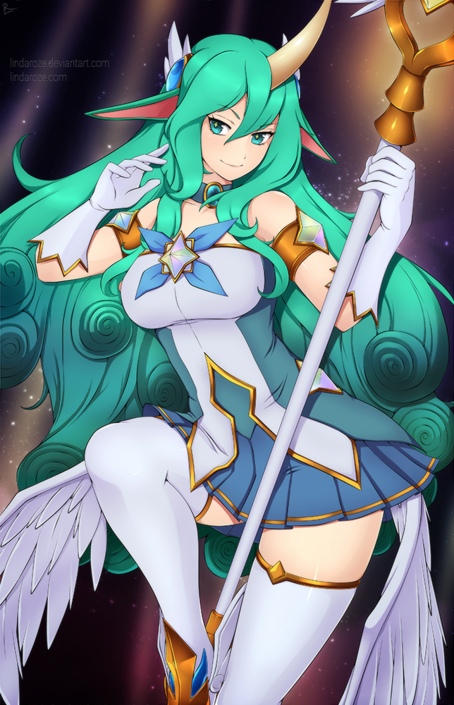 1girls, big breasts, breasts, female, female only, gloves, green eyes, green hair, horn, large breasts, league of legends, light skin, light-skinned female, lindaroze, long hair, on one leg, pale skin, pale-skinned female, pointy ears, skirt, solo, soraka, staff, standing, star guardian series, star guardian soraka, thighhighs, weapon