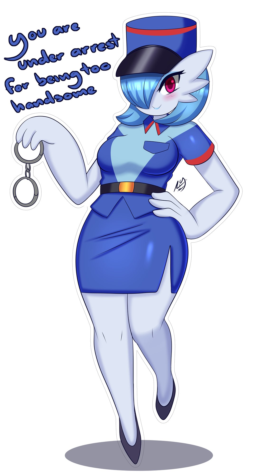 big_ass big_breasts blue_hair breasts clothed clothing cute dialogue english_text female gardevoir hand_on_hip handcuffs hi_res high_heels nintendo officer_jenny_(pokemon)_(cosplay) pokémon_(species) pokemon pokemon_(species) police_hat police_uniform policewoman red_eyes sblueicecream shiny_pokemon shirt solo text tight_clothing white_body wide_hips