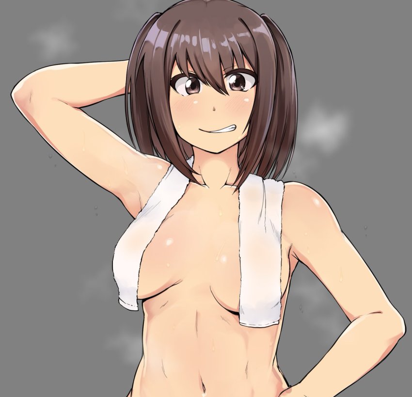 arm_behind_head breasts brown_eyes brown_hair collarbone female hand_on_hip kaauchi kantai_collection medium_breasts navel nude sendai_(kantai_collection) smile solo steam towel towel_around_neck two_side_up upper_body