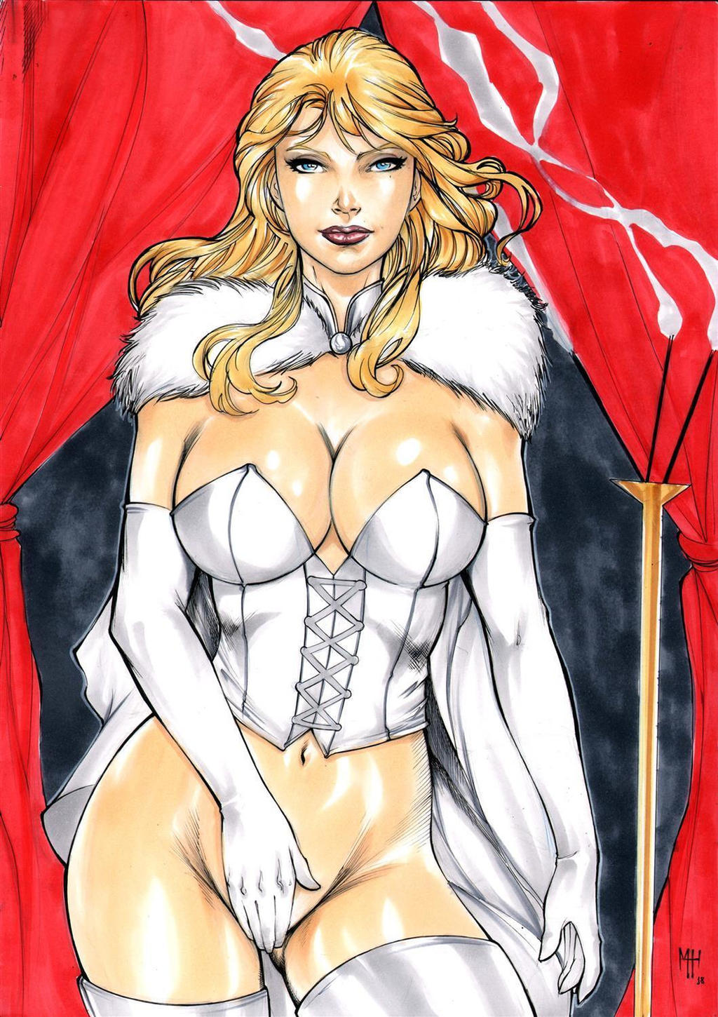 blonde_hair bottomless bottomless_female breasts corset covering covering_crotch covering_pussy curvaceous_figure curvy curvy_female elbow_gloves emma_frost female female_only hourglass_figure huge_breasts lingerie marvel marvel_comics matheushenrique_(artist) thighhighs white_queen x-men