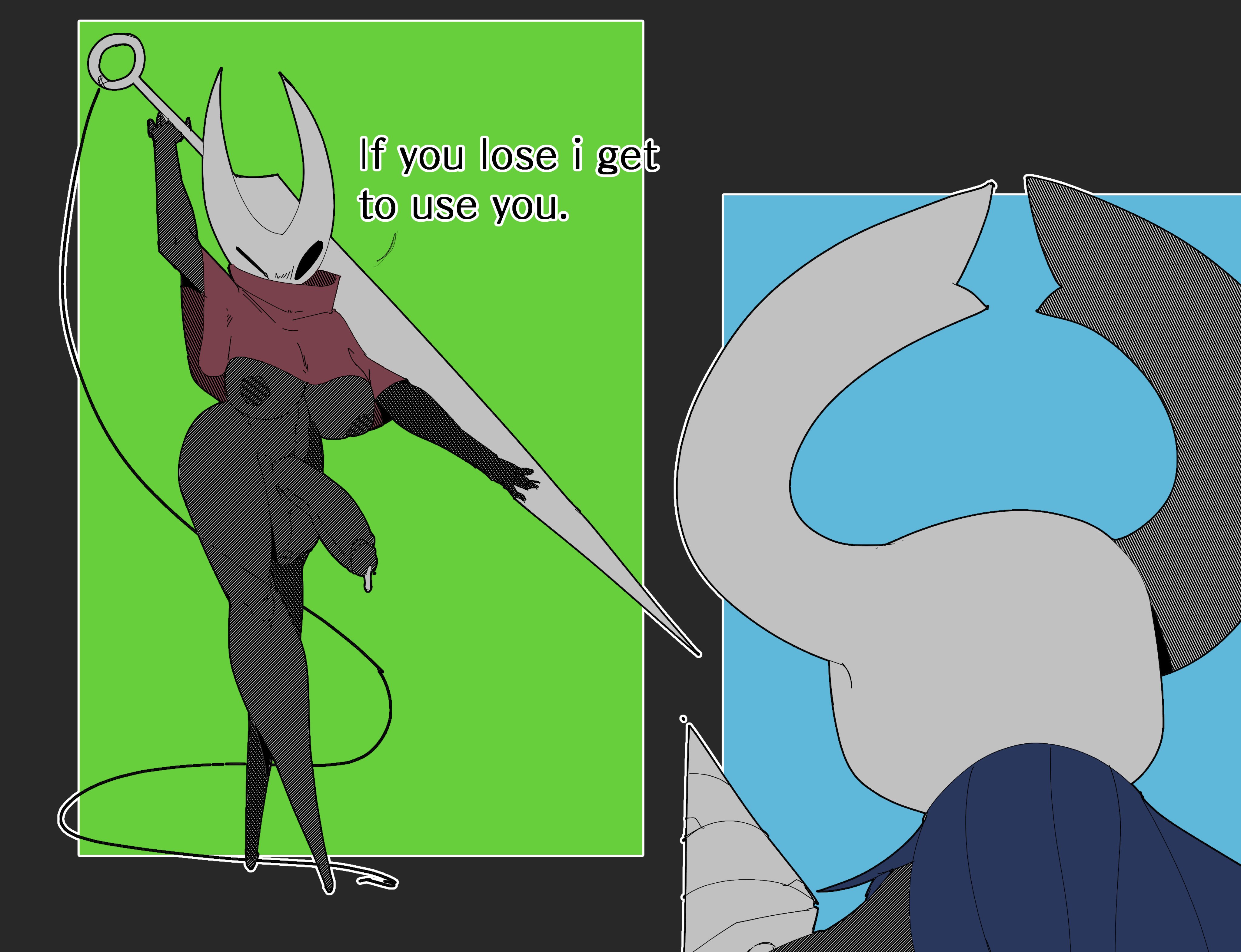 1boy, 1futa, areolae, balls, big balls, big breasts, black skin, bottomless, breasts, cape, cloak, clothed, clothing, dark skin, dark-skinned futa, dialogue, duo, felinecanis, flaccid, futanari, higher resolution available, highres, hollow knight, hornet (hollow knight), huge breasts, huge cock, humanoid, humanoid penis, insects, intersex, male, mostly nude, nipples, penis, red cape, standing, text, the knight (hollow knight), wide hips